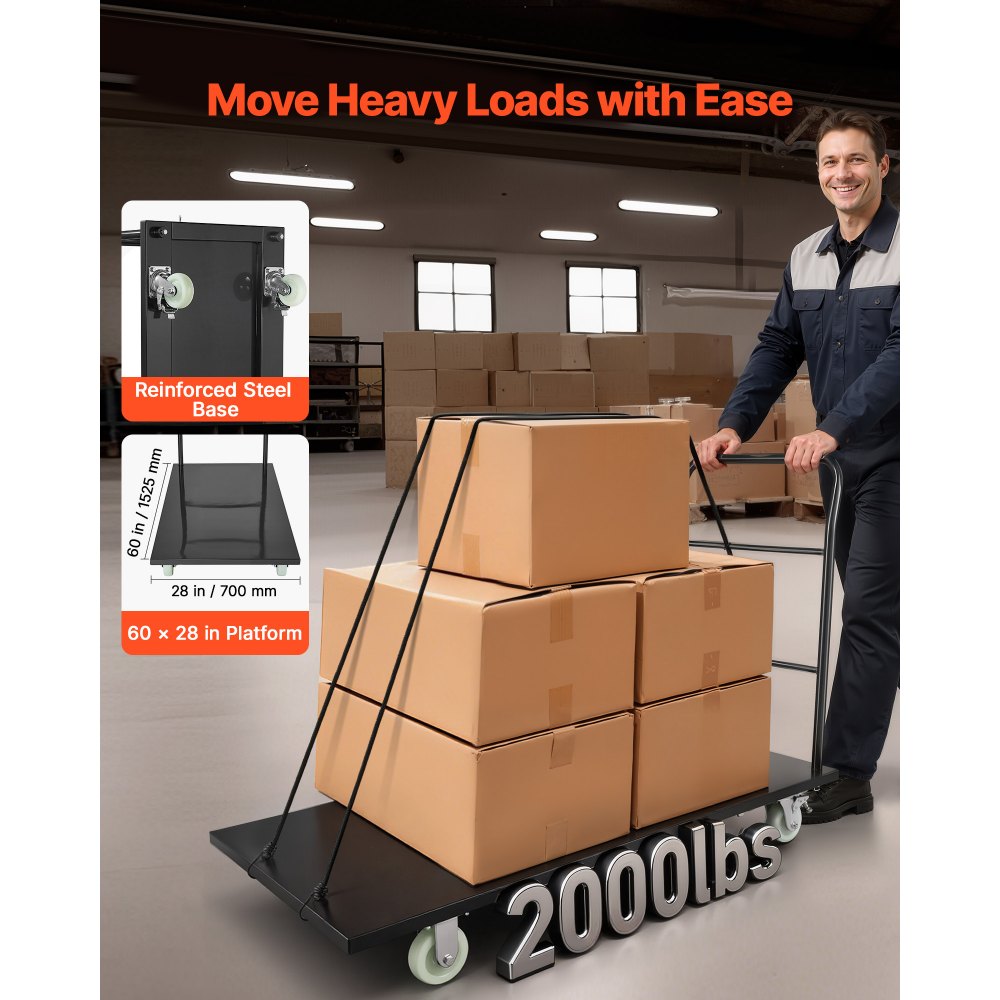 VEVOR Heavy Duty Platform Truck, 2000 lbs Capacity, Industrial Steel Flatbed Cart with Swivel Wheels and Handle, Platform Hand Push Truck Dolly, Easy Storage, for Luggage Moving, 60 x 27.6 x 42.9 in