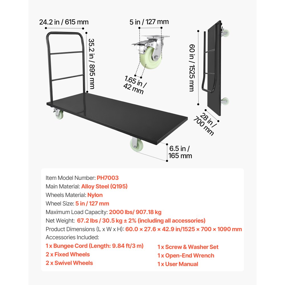 VEVOR Heavy Duty Platform Truck, 2000 lbs Capacity, Industrial Steel Flatbed Cart with Swivel Wheels and Handle, Platform Hand Push Truck Dolly, Easy Storage, for Luggage Moving, 60 x 27.6 x 42.9 in
