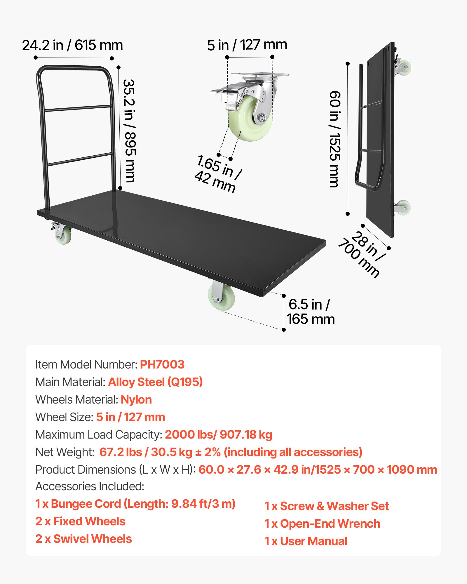 VEVOR Heavy Duty Platform Truck, 2000 lbs Capacity, Industrial Steel Flatbed Cart with Swivel Wheels and Handle, Platform Hand Push Truck Dolly, Easy Storage, for Luggage Moving, 60 x 27.6 x 42.9 in