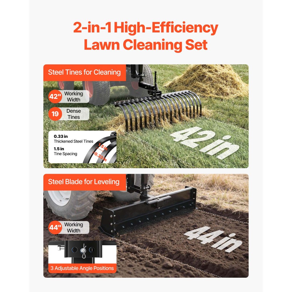 VEVOR 106.7cm Tow Behind Landscape Rake, 3-Point Lawn Rock Rake with Blade & Lift Lever, Fit Category 1 ATVs UTVs Lawn Tractors, Heavy Duty Dethatcher Rake for Debris Leaves Thatch