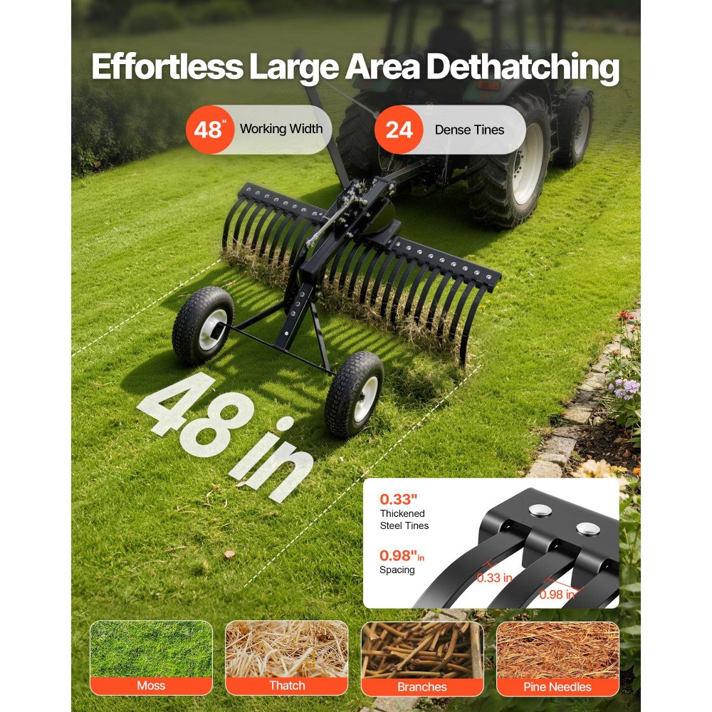 VEVOR 122 cm Tow Behind Landscape Rake, Pull Behind Lawn Rock Rakes for ATV Mower Tractors, 24 Durable Steel Tines, Adjustable Height & Angle, Heavy Duty Dethatcher Rake for Leaves Debris