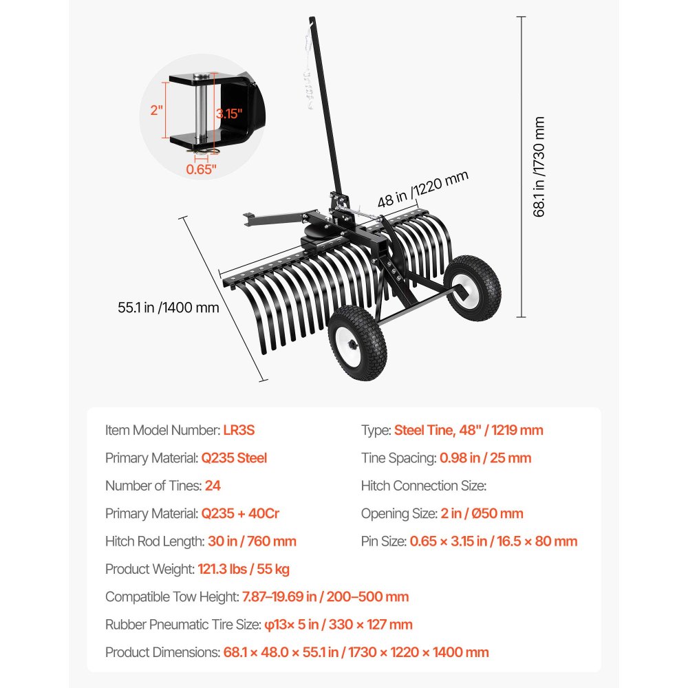 VEVOR 122 cm Tow Behind Landscape Rake, Pull Behind Lawn Rock Rakes for ATV Mower Tractors, 24 Durable Steel Tines, Adjustable Height & Angle, Heavy Duty Dethatcher Rake for Leaves Debris
