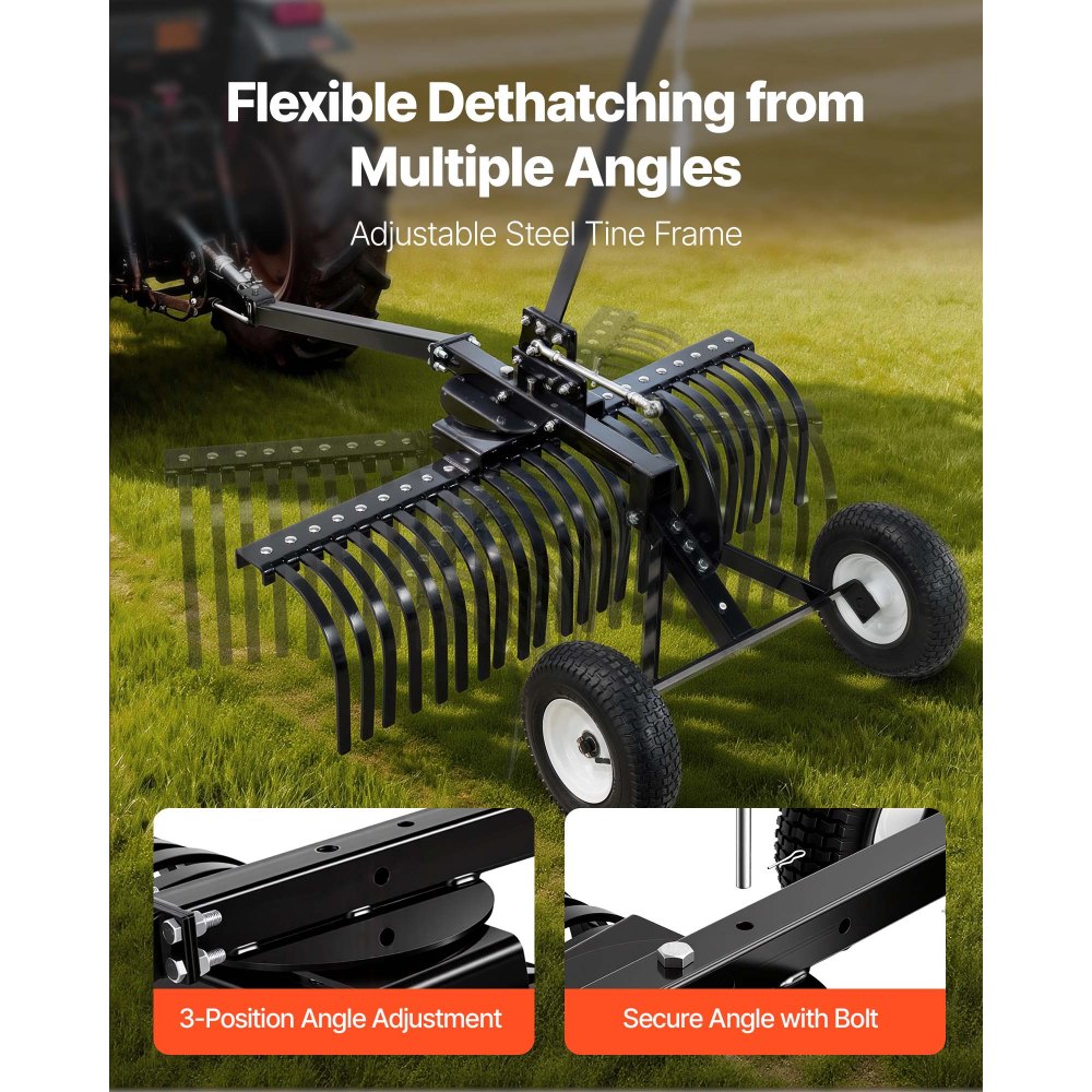 VEVOR 122 cm Tow Behind Landscape Rake, Pull Behind Lawn Rock Rakes for ATV Mower Tractors, 24 Durable Steel Tines, Adjustable Height & Angle, Heavy Duty Dethatcher Rake for Leaves Debris
