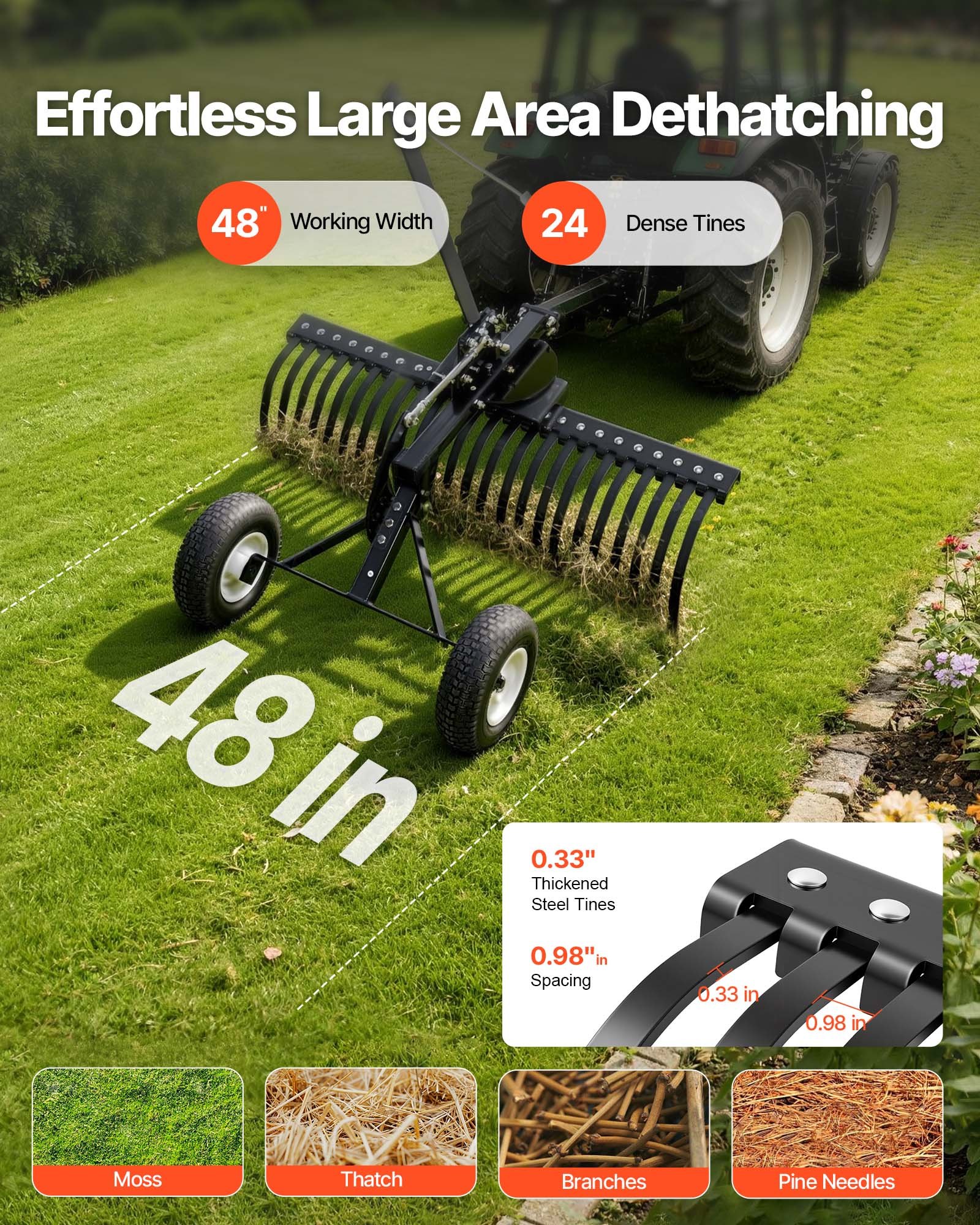 VEVOR 122 cm Tow Behind Landscape Rake, Pull Behind Lawn Rock Rakes for ATV Mower Tractors, 24 Durable Steel Tines, Adjustable Height & Angle, Heavy Duty Dethatcher Rake for Leaves Debris