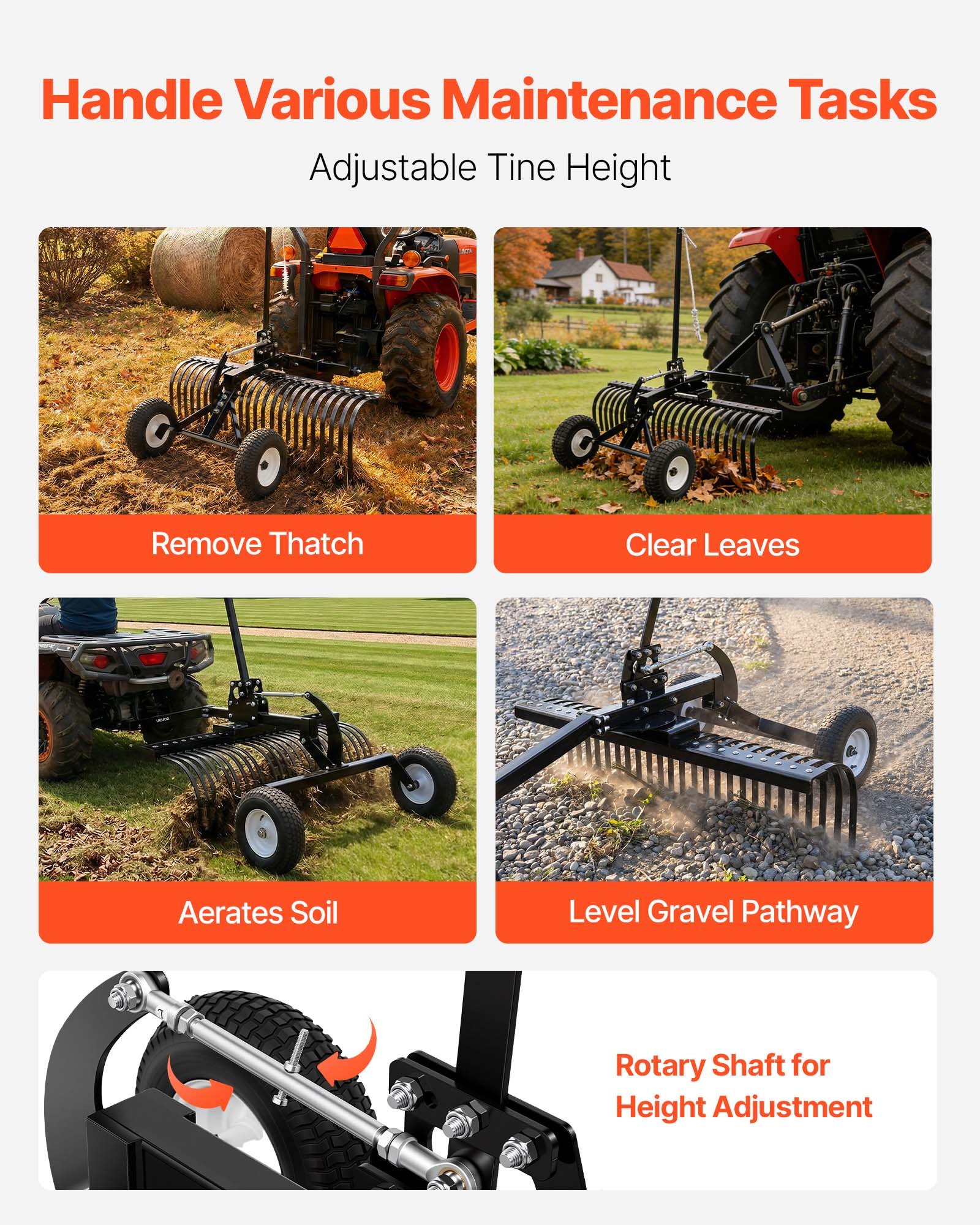 VEVOR 122 cm Tow Behind Landscape Rake, Pull Behind Lawn Rock Rakes for ATV Mower Tractors, 24 Durable Steel Tines, Adjustable Height & Angle, Heavy Duty Dethatcher Rake for Leaves Debris