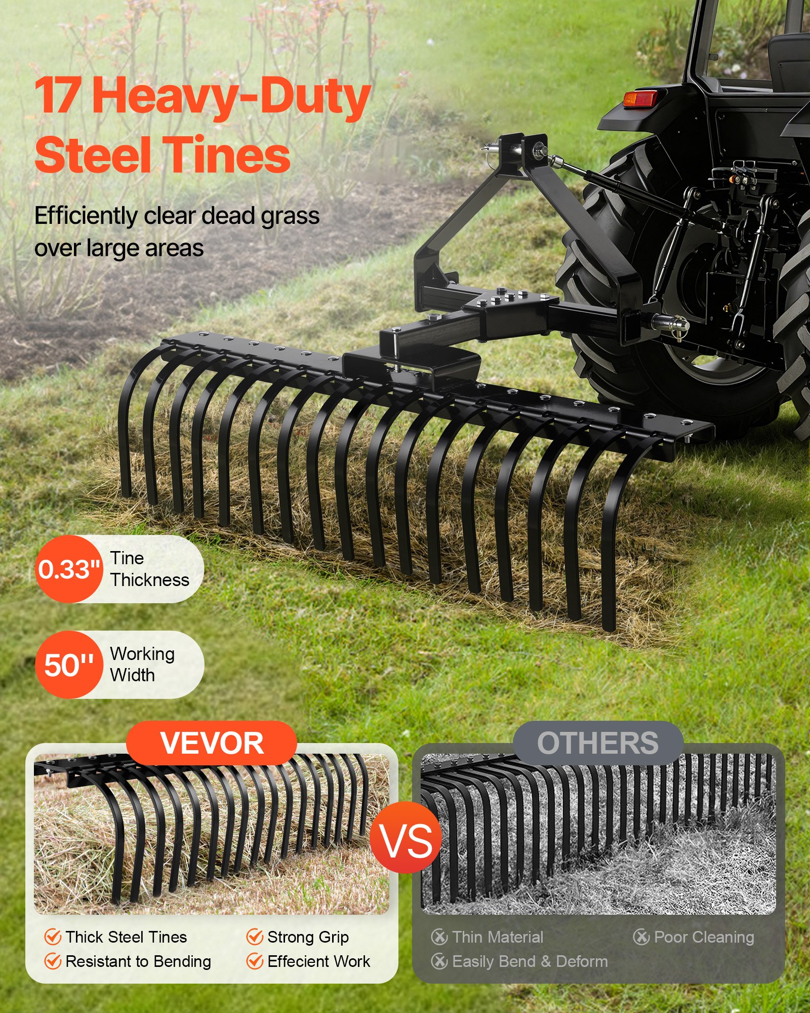 VEVOR 127 cm Lanscape Rock Rake, 3-Point Tow Behind Landscape Rake with 17 Steel Tines, Fit Category 1 Tractors, Angle Adjustable, Heavy Duty Lawn Dethatcher Rake for Grass Branch Debris