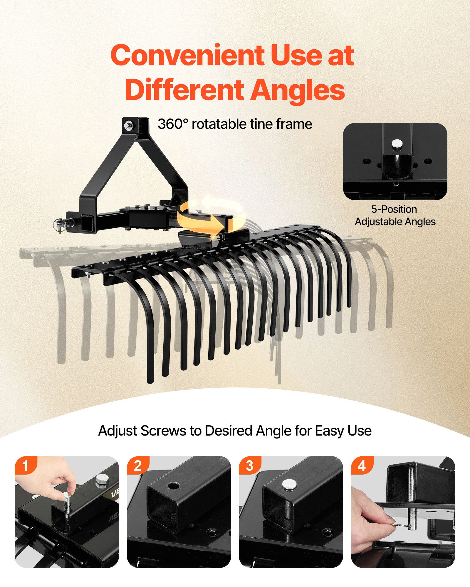 VEVOR 127 cm Lanscape Rock Rake, 3-Point Tow Behind Landscape Rake with 17 Steel Tines, Fit Category 1 Tractors, Angle Adjustable, Heavy Duty Lawn Dethatcher Rake for Grass Branch Debris