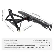 VEVOR Tow Behind Dethatcher, 60-inch Tow Dethatcher with 32 Steel Tines, 3-Point Lawn Dethatcher Rake with Attachments for Tractor, Landscape Rake for Garden, Farm, Grass