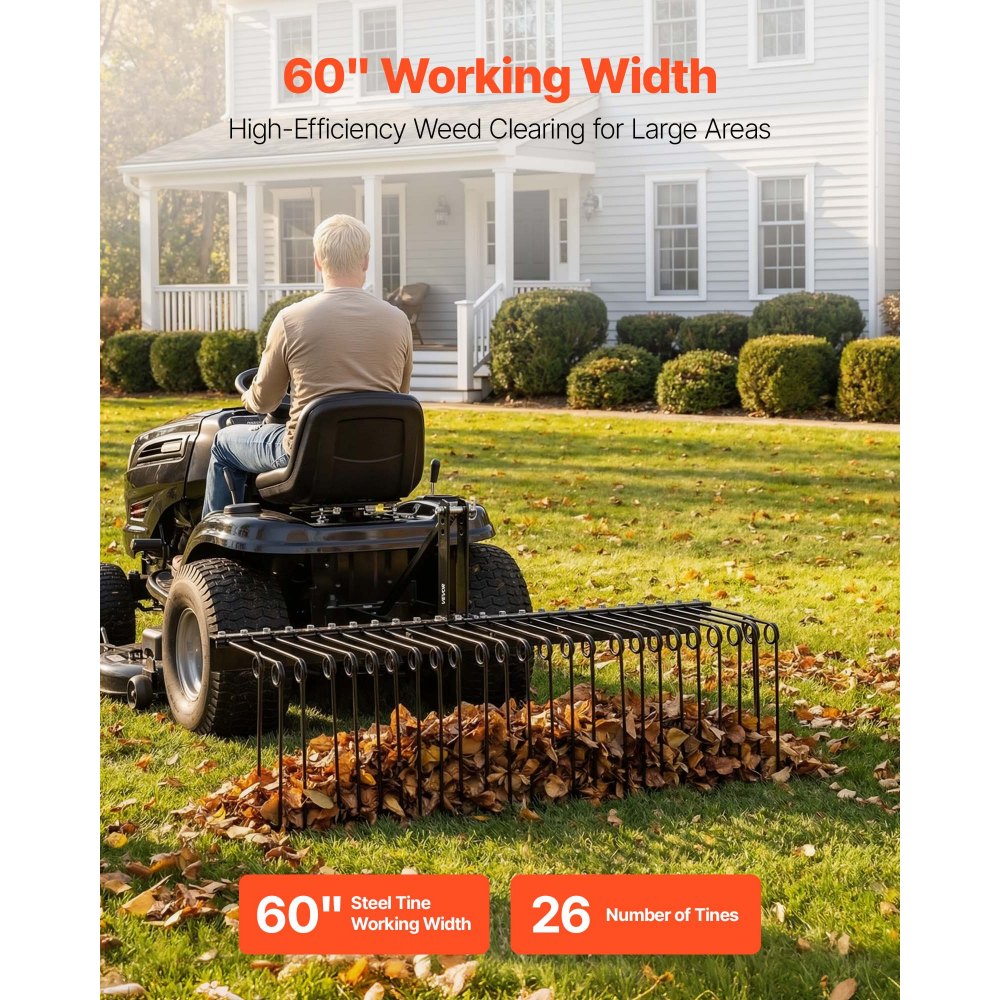 VEVOR 150 cm Tow Behind Landscape Rake, 3 Point Hitch Lawn Dethatcher Rake, 26 Spring Steel Tines, for Category 1 Tractors, Heavy Duty & Rust-Resistant Rakes Tractor Attachments for Leaves Pine Needles