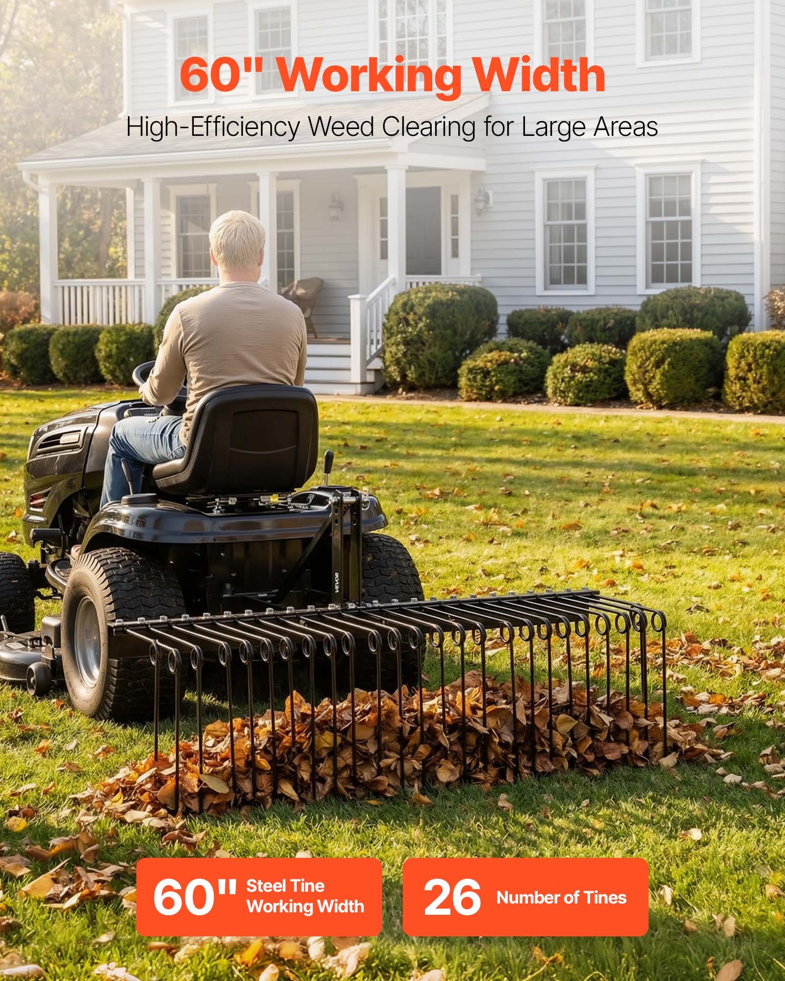 VEVOR 150 cm Tow Behind Landscape Rake, 3 Point Hitch Lawn Dethatcher Rake, 26 Spring Steel Tines, for Category 1 Tractors, Heavy Duty & Rust-Resistant Rakes Tractor Attachments for Leaves Pine Needles