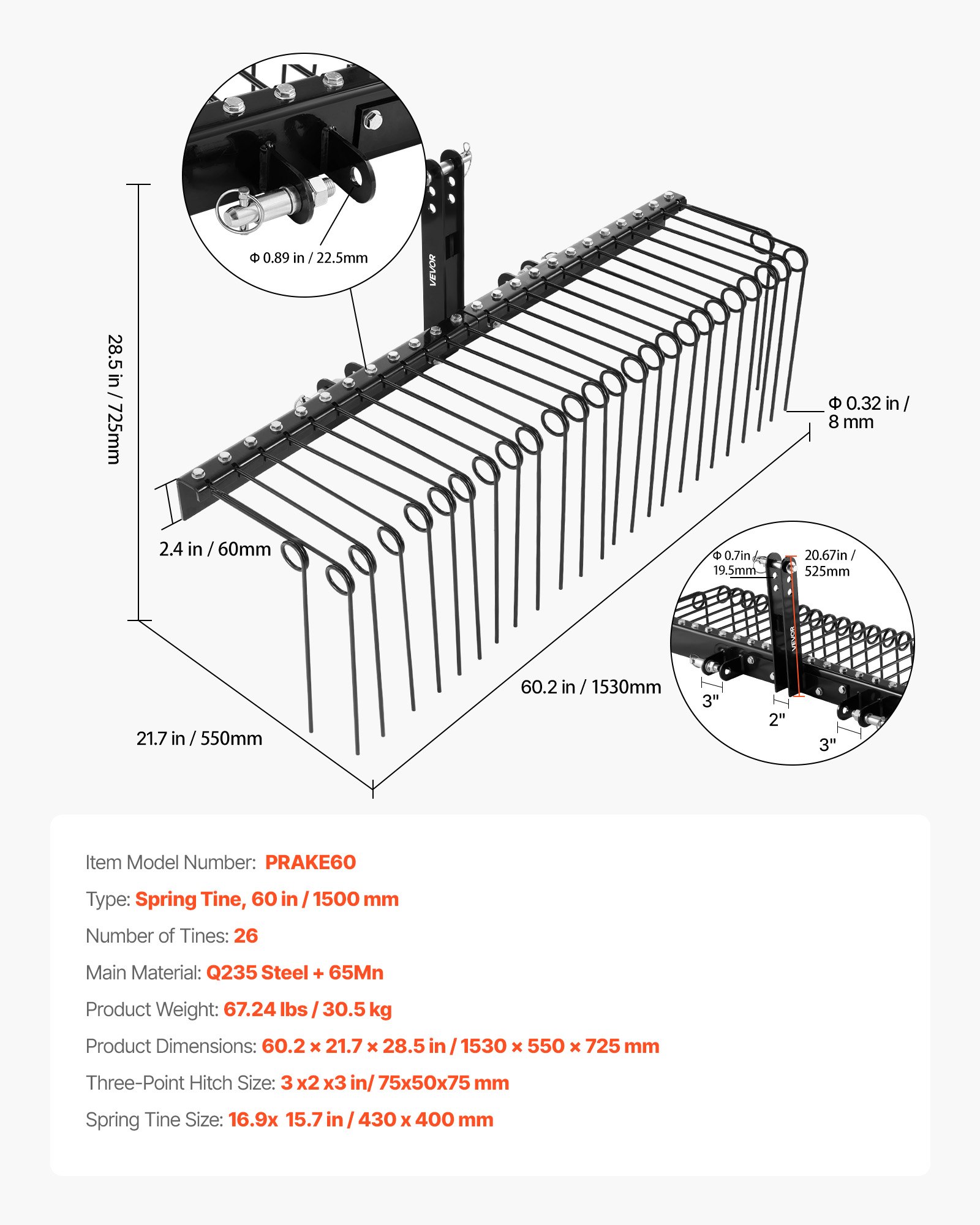 VEVOR 150 cm Tow Behind Landscape Rake, 3 Point Hitch Lawn Dethatcher Rake, 26 Spring Steel Tines, for Category 1 Tractors, Heavy Duty & Rust-Resistant Rakes Tractor Attachments for Leaves Pine Needles