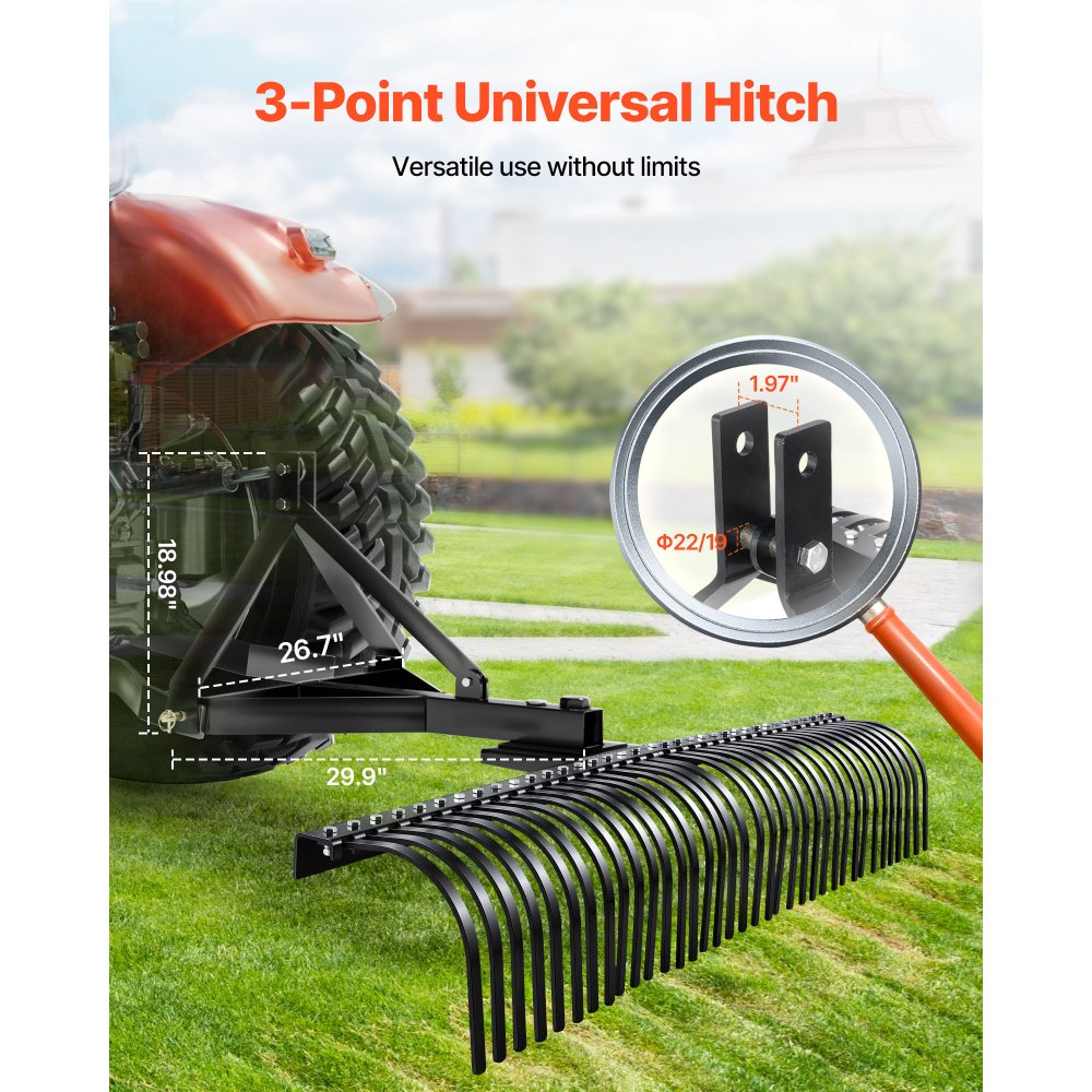 VEVOR Tow Behind Dethatcher, 183 cm Tow Dethatcher with 36 Steel Tines, 3-Point Lawn Dethatchers Rake with Attachments for Tractor, Landscape Rake for Garden, Farm, Grass