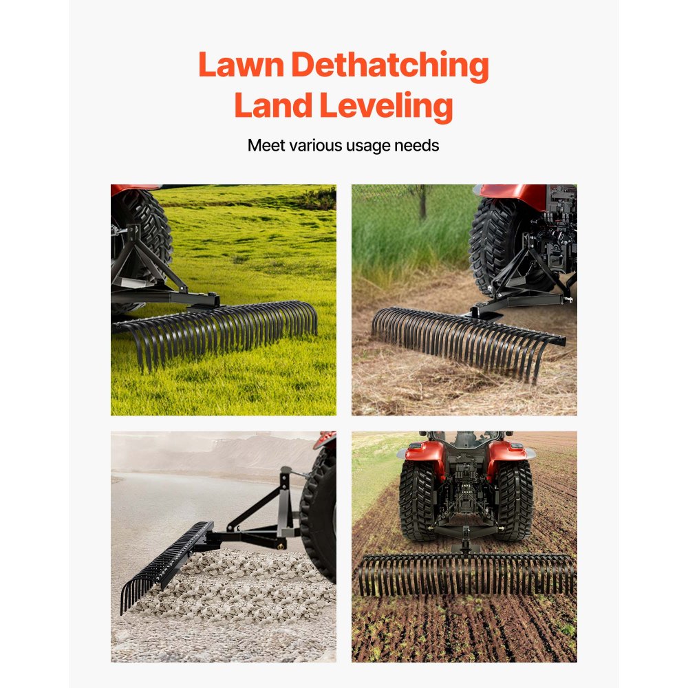 VEVOR Tow Behind Dethatcher, 183 cm Tow Dethatcher with 36 Steel Tines, 3-Point Lawn Dethatchers Rake with Attachments for Tractor, Landscape Rake for Garden, Farm, Grass