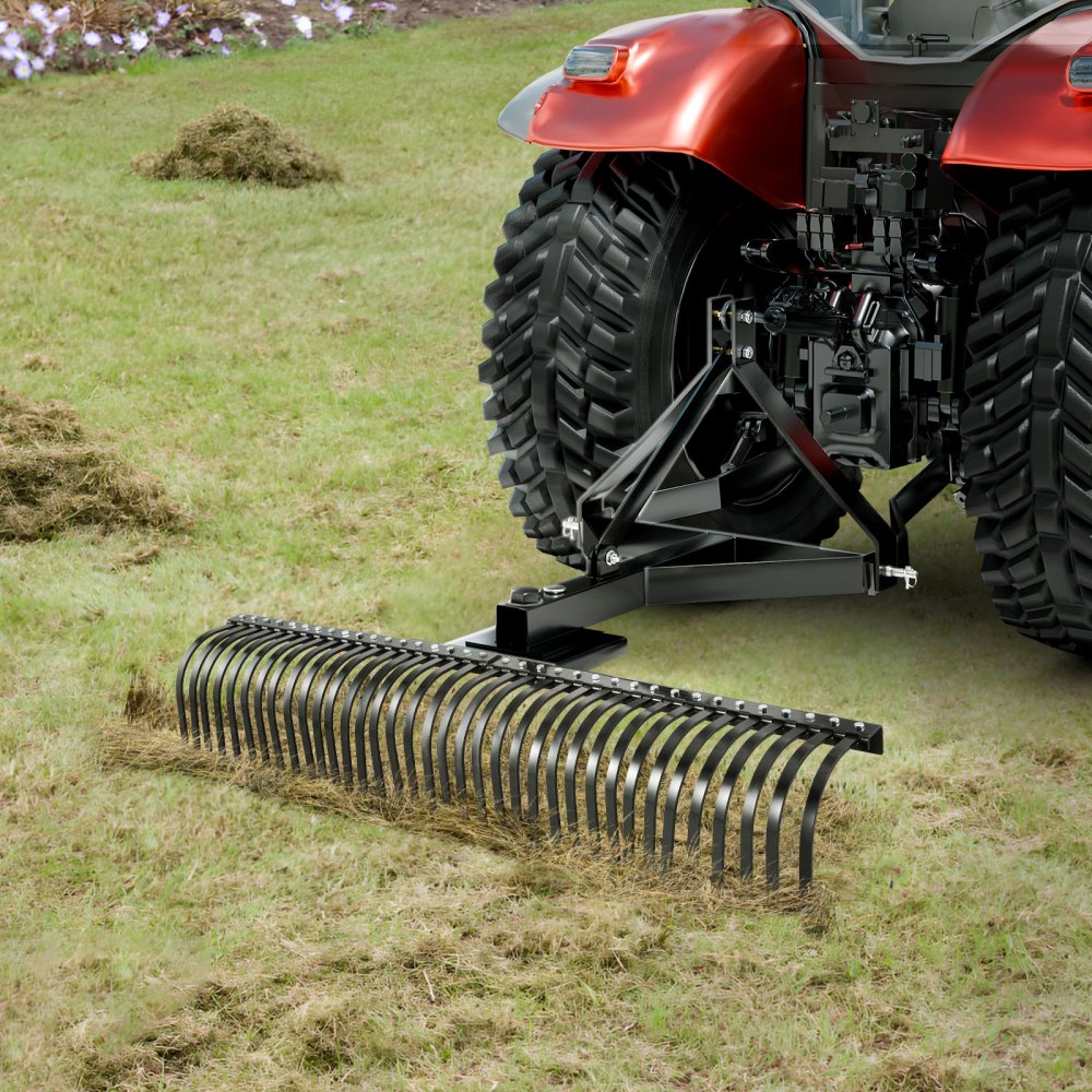 VEVOR Tow Behind Dethatcher, 183 cm Tow Dethatcher with 36 Steel Tines, 3-Point Lawn Dethatchers Rake with Attachments for Tractor, Landscape Rake for Garden, Farm, Grass
