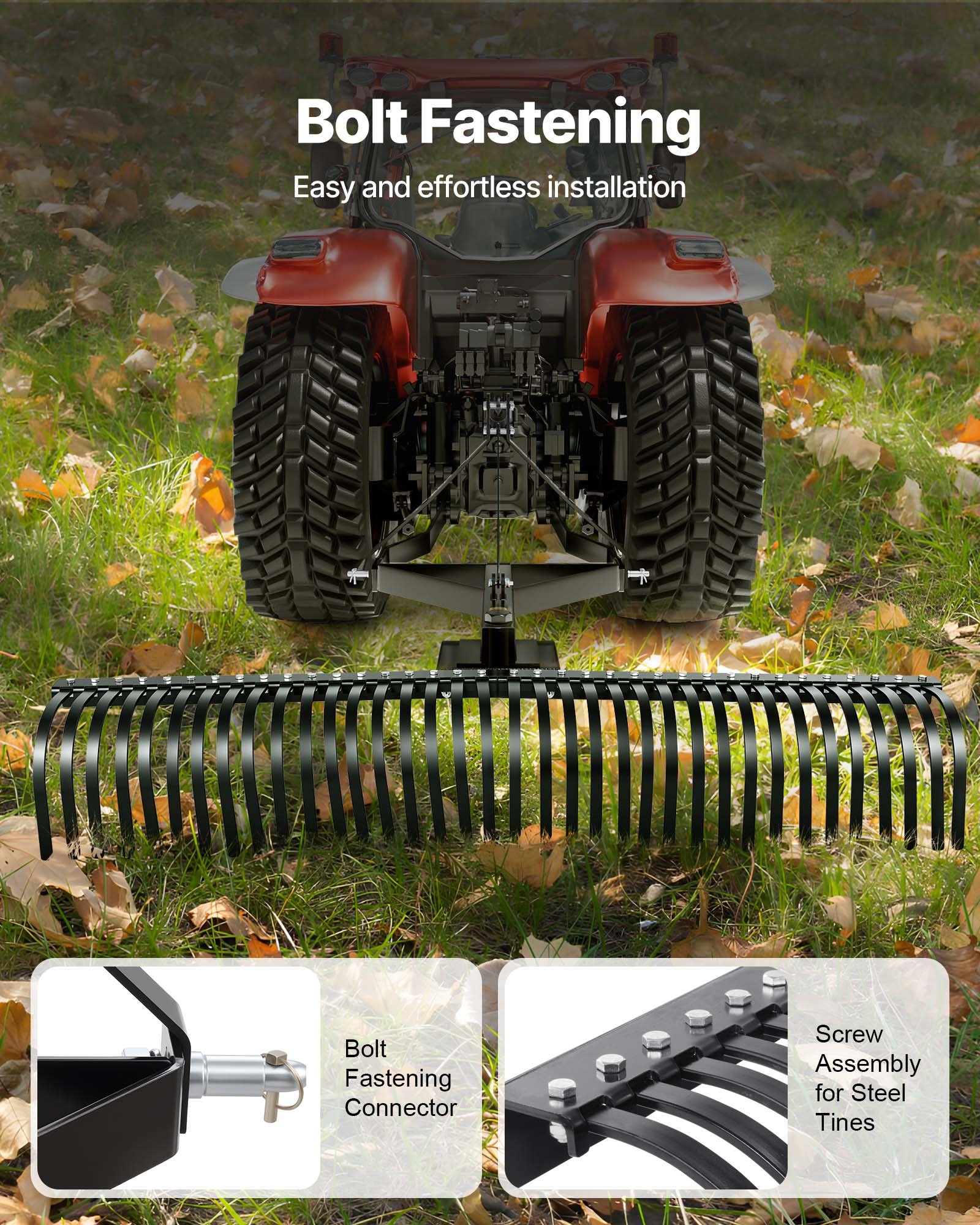 VEVOR Tow Behind Dethatcher, 183 cm Tow Dethatcher with 36 Steel Tines, 3-Point Lawn Dethatchers Rake with Attachments for Tractor, Landscape Rake for Garden, Farm, Grass