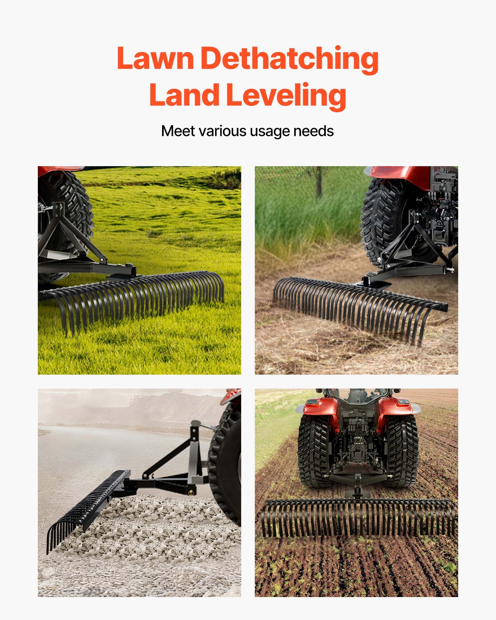 VEVOR Tow Behind Dethatcher, 183 cm Tow Dethatcher with 36 Steel Tines, 3-Point Lawn Dethatchers Rake with Attachments for Tractor, Landscape Rake for Garden, Farm, Grass