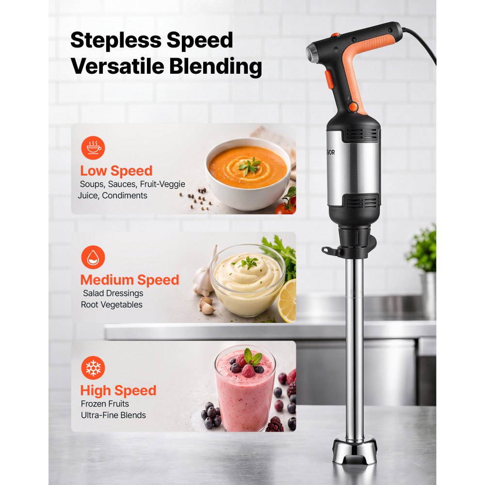 VEVOR Commercial Immersion Blender, 750W, 46 cm, Heavy-Duty Hand Mixer for Restaurant, Handheld Stick for Soups & Sauces, Pure-Copper Motor, Variable Speed, Stainless Steel 3-Blade Head, Handle