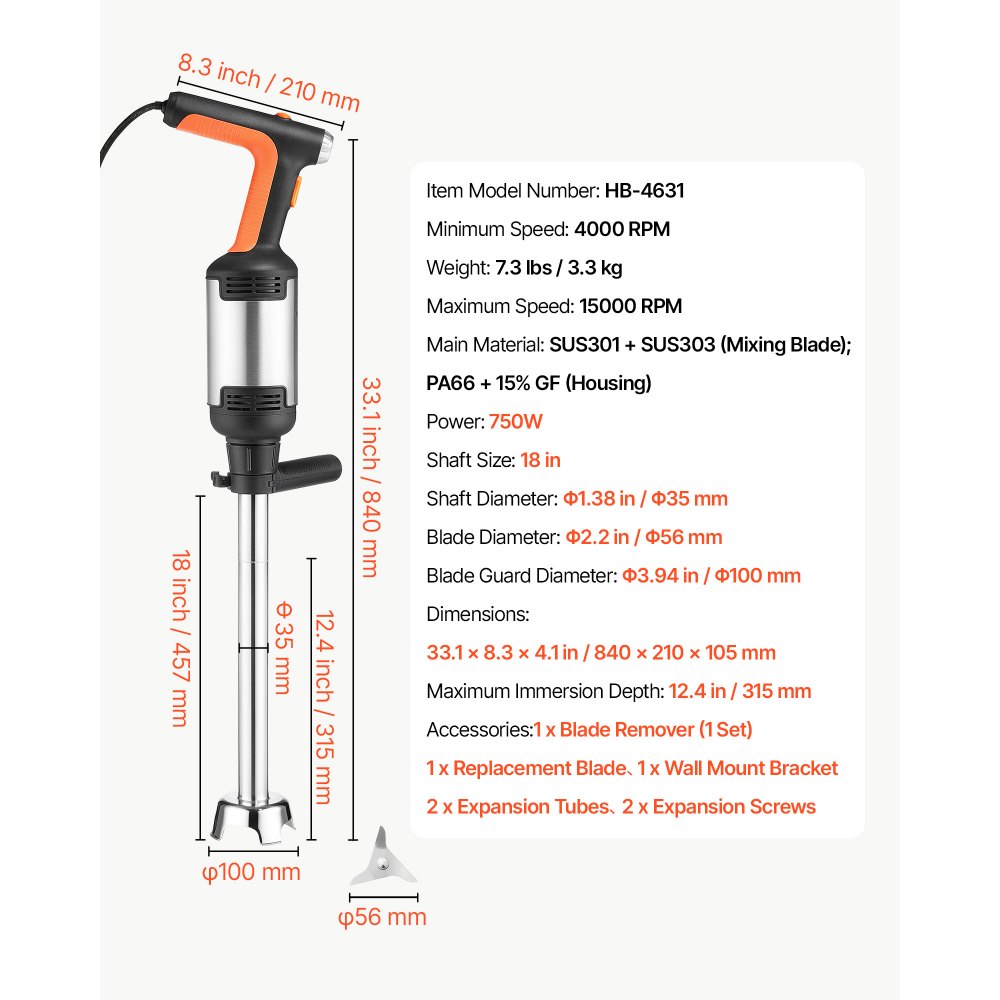 VEVOR Commercial Immersion Blender, 750W, 46 cm, Heavy-Duty Hand Mixer for Restaurant, Handheld Stick for Soups & Sauces, Pure-Copper Motor, Variable Speed, Stainless Steel 3-Blade Head, Handle