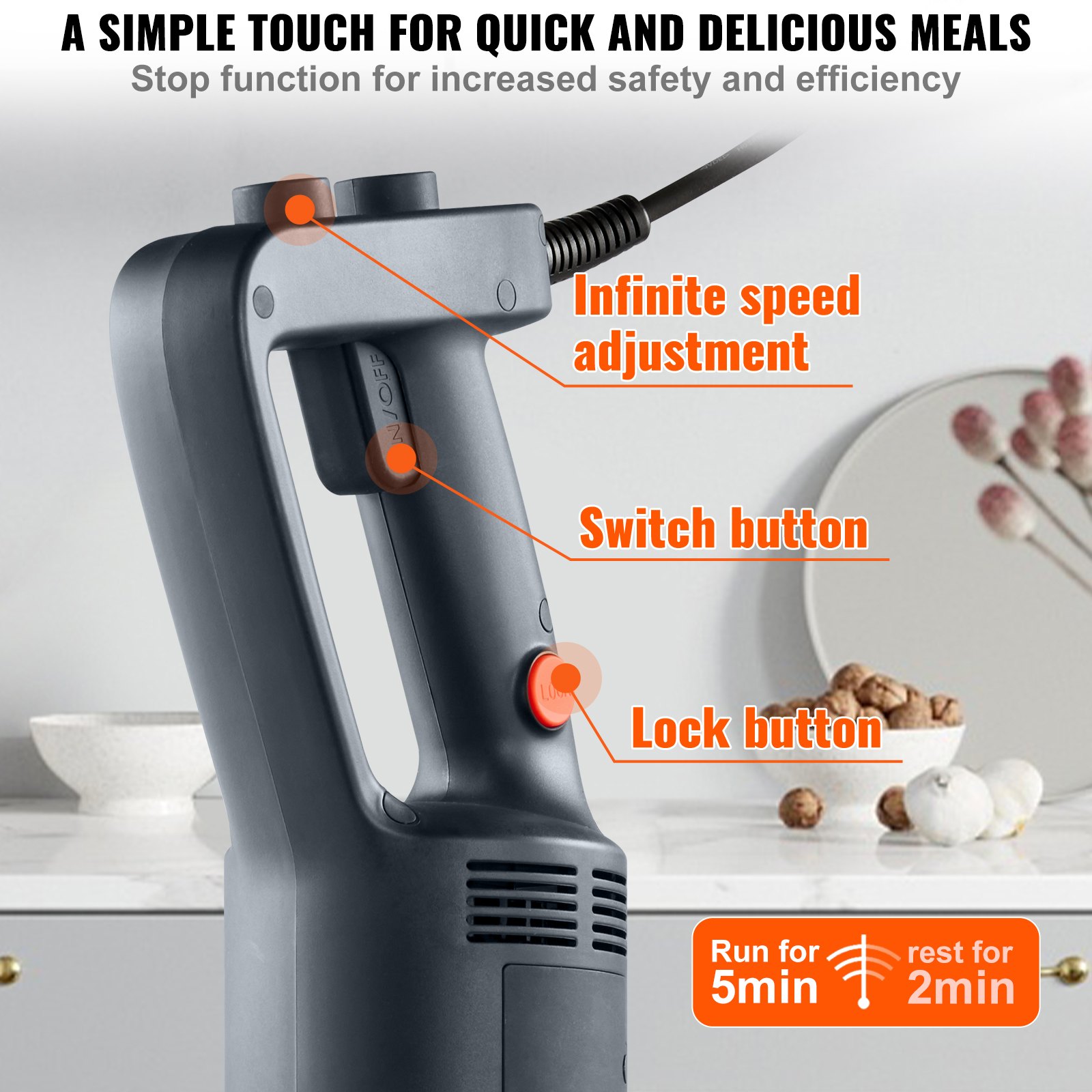 VEVOR Commercial Immersion Blender, 750 Watt Heavy Duty Hand Mixer, Variable Speed Kitchen Stick Mixer with 304 Stainless Steel Blade, Multi-Purpose Portable Mixer for Soup, Smoothie, Puree, Baby Food