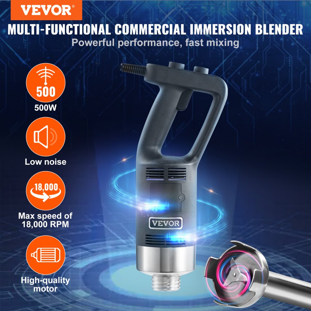 VEVOR Commercial Immersion Blender 500 Watt Heavy Duty Hand Mixer Variable Speed Kitchen Stick Mixer with 304 Stainless Steel Blade Multi-Purpose