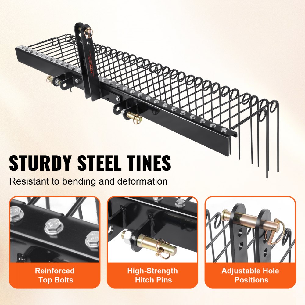 VEVOR Tow Behind Landscape Rake 72"/183 cm Lawn Dethatcher Rake with 32 Steel Tines
