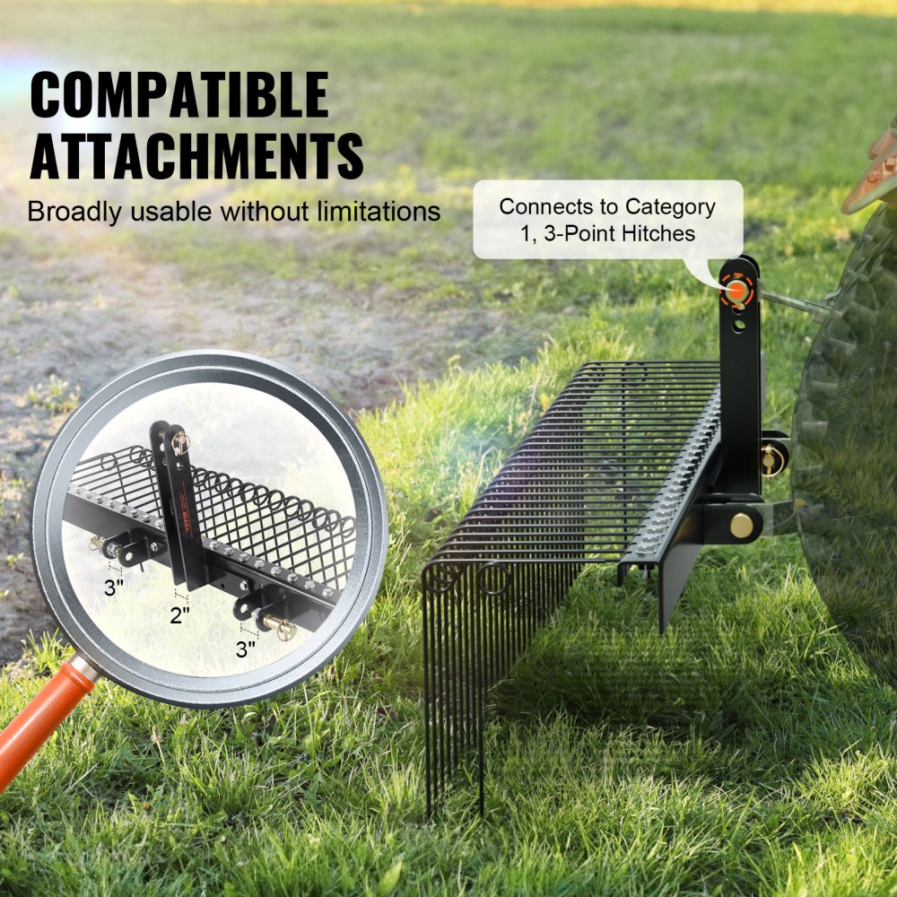 VEVOR Tow Behind Landscape Rake 72"/183 cm Lawn Dethatcher Rake with 32 Steel Tines