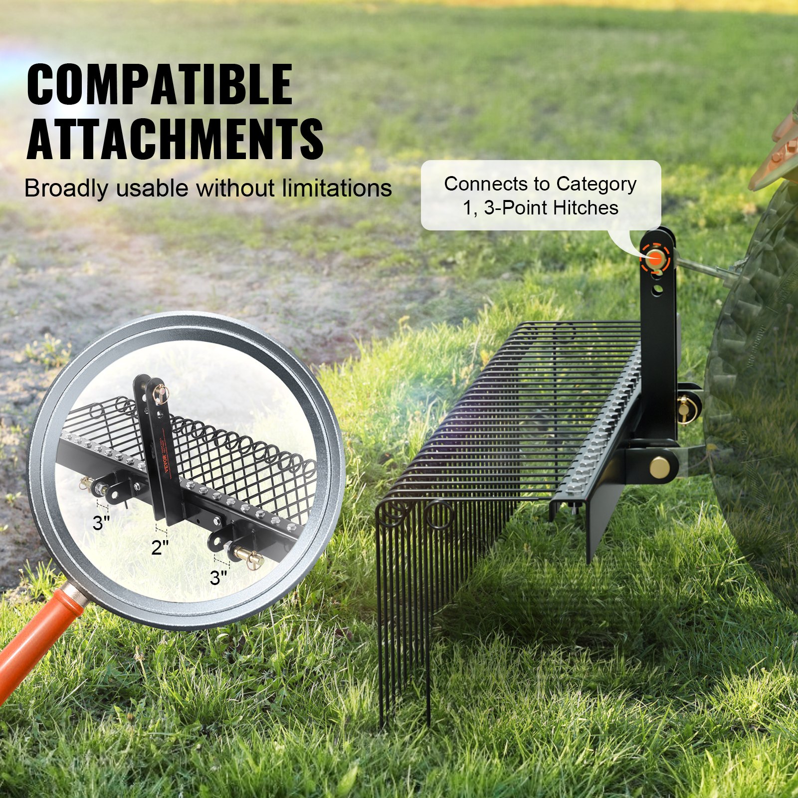 VEVOR Tow Behind Landscape Rake 72"/183 cm Lawn Dethatcher Rake with 32 Steel Tines