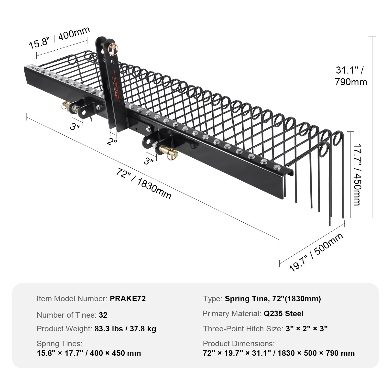 VEVOR Tow Behind Landscape Rake 72"/183 cm Lawn Dethatcher Rake with 32 Steel Tines