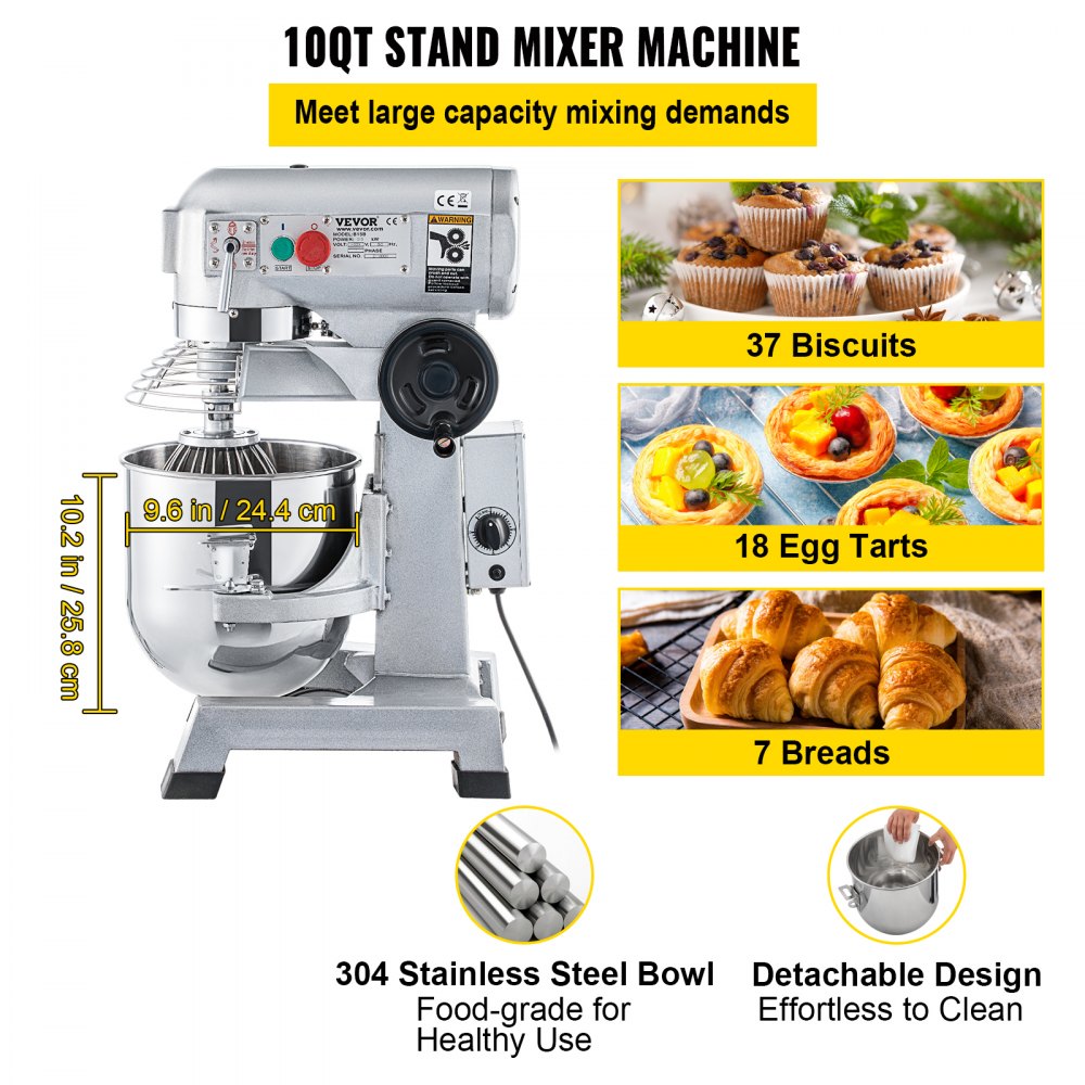 VEVOR Professional Kitchen Mixer, 10Qt Capacity with Timer, 450W Stainless Steel Bowl Durable Electric Mixer for Commercial Use, 3 Speed Options 113/184/341 RPM, Includes Dough Hook & Whisk
