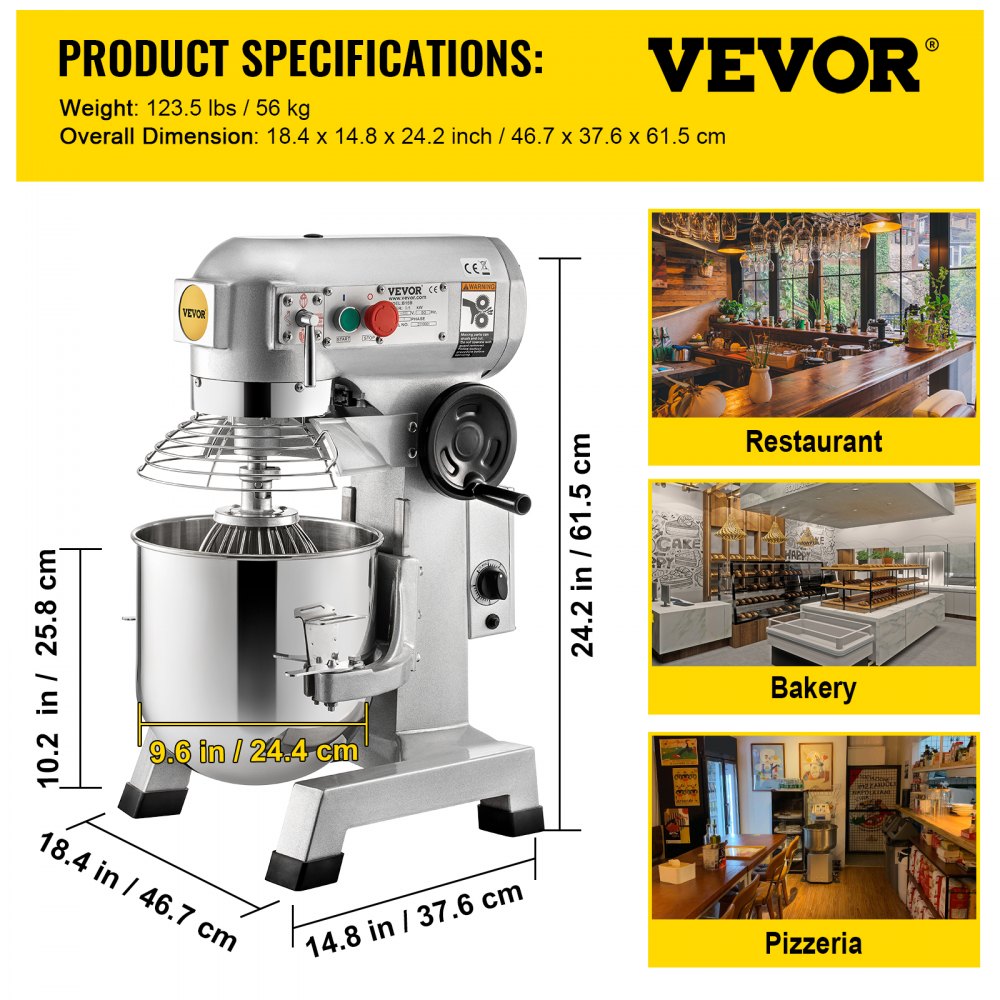 VEVOR Professional Kitchen Mixer, 10Qt Capacity with Timer, 450W Stainless Steel Bowl Durable Electric Mixer for Commercial Use, 3 Speed Options 113/184/341 RPM, Includes Dough Hook & Whisk