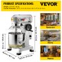 VEVOR Professional Kitchen Mixer, 10Qt Capacity with Timer, 450W Stainless Steel Bowl Durable Electric Mixer for Commercial Use, 3 Speed Options 113/184/341 RPM, Includes Dough Hook & Whisk