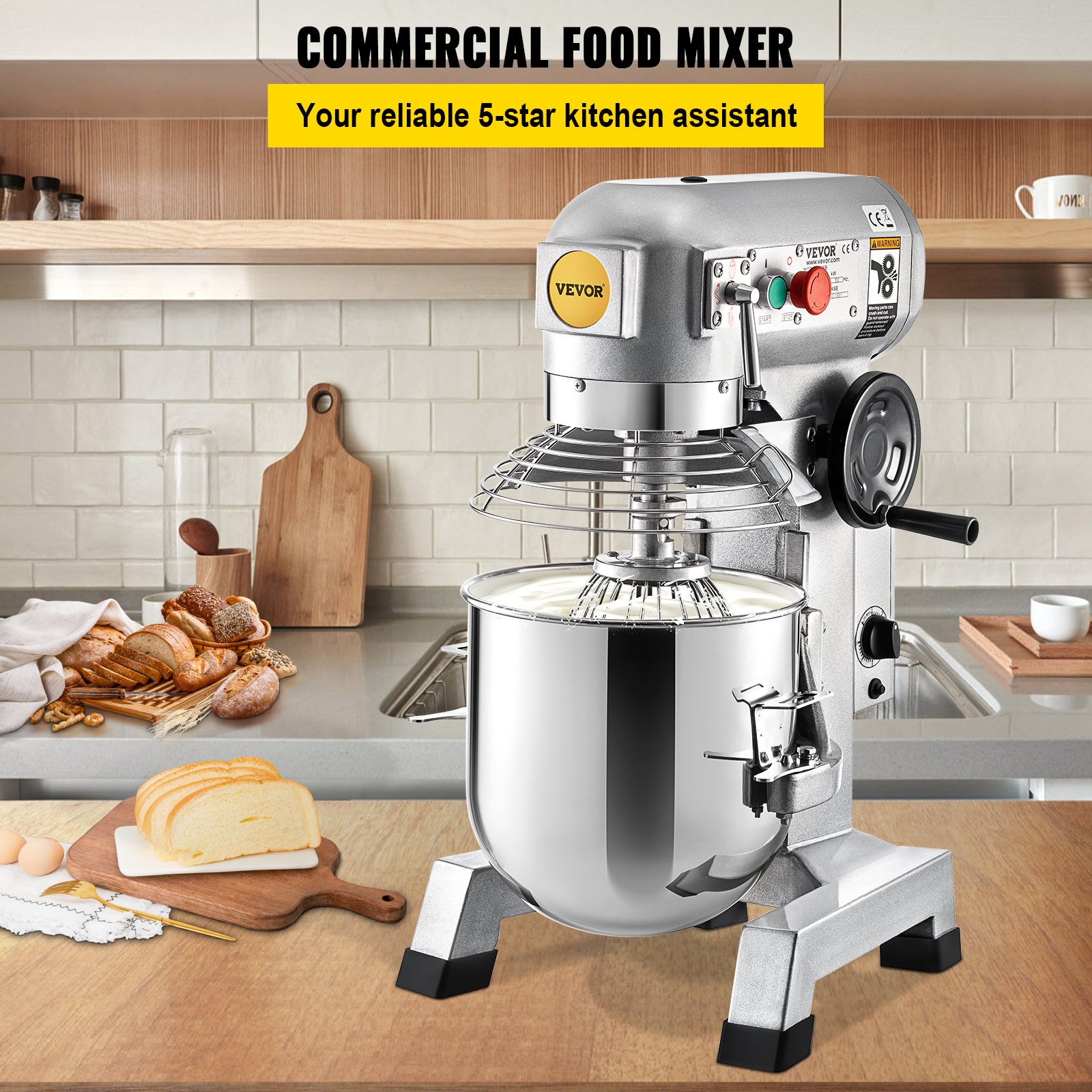 VEVOR Professional Kitchen Mixer, 10Qt Capacity with Timer, 450W Stainless Steel Bowl Durable Electric Mixer for Commercial Use, 3 Speed Options 113/184/341 RPM, Includes Dough Hook & Whisk