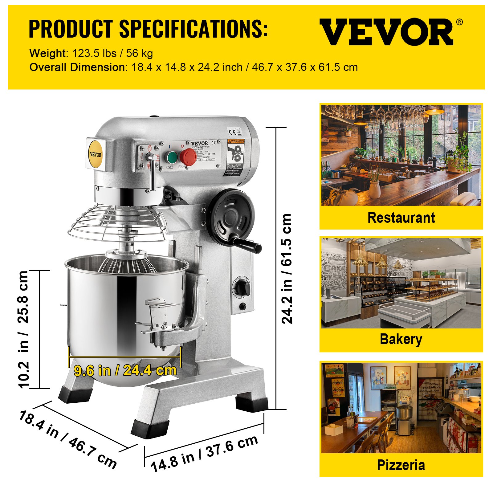 VEVOR Professional Kitchen Mixer, 10Qt Capacity with Timer, 450W Stainless Steel Bowl Durable Electric Mixer for Commercial Use, 3 Speed Options 113/184/341 RPM, Includes Dough Hook & Whisk