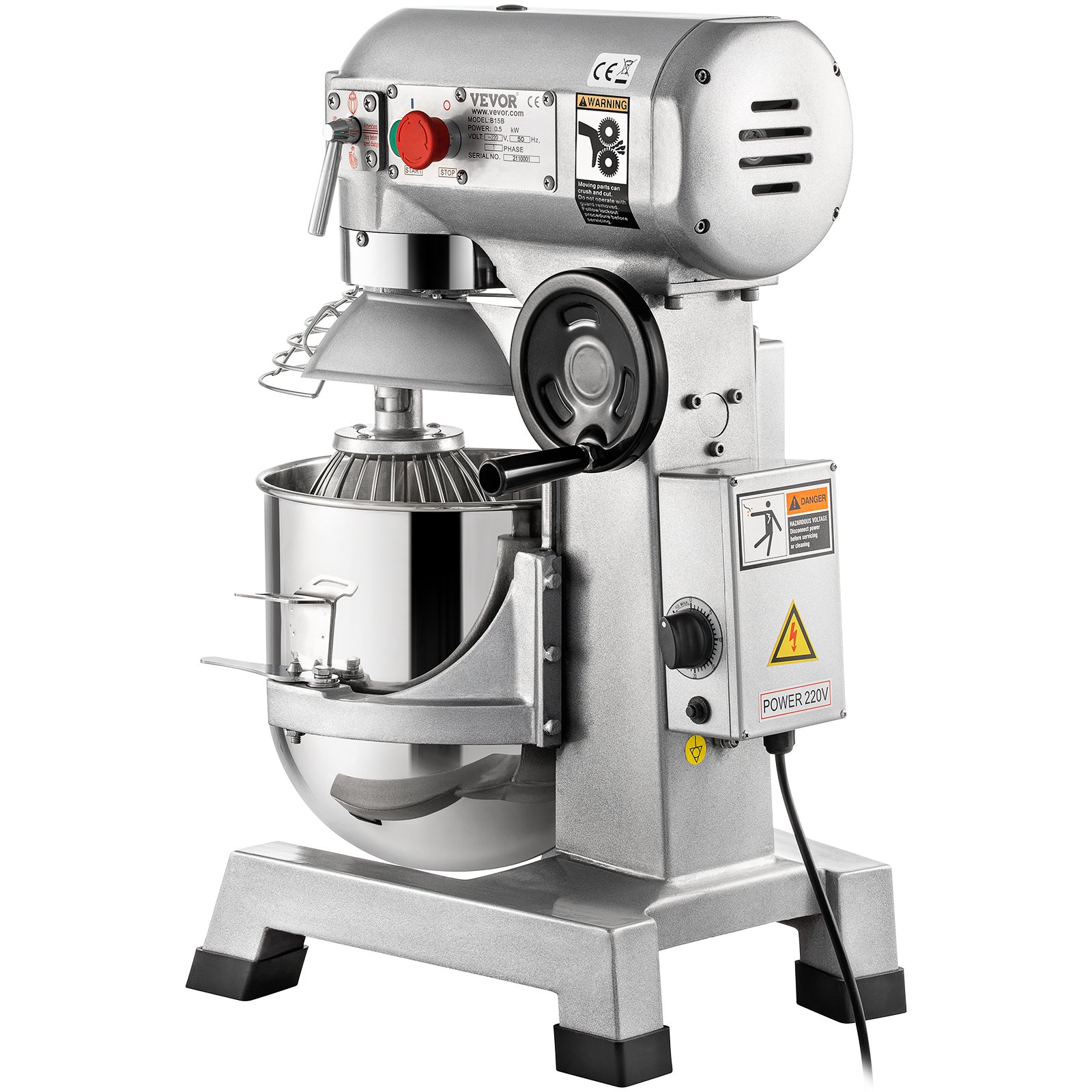 VEVOR Professional Kitchen Mixer, 10Qt Capacity with Timer, 450W Stainless Steel Bowl Durable Electric Mixer for Commercial Use, 3 Speed Options 113/184/341 RPM, Includes Dough Hook & Whisk