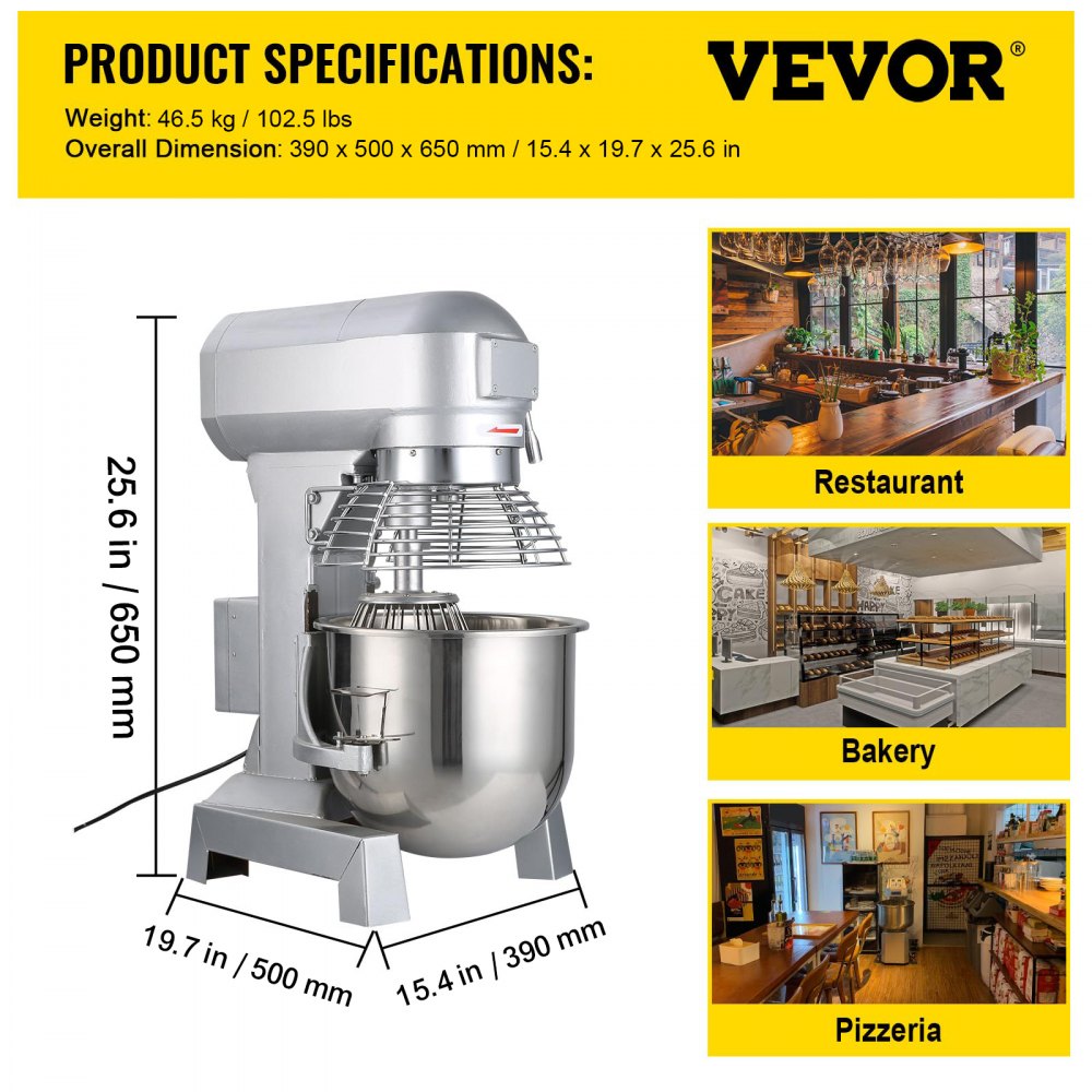 VEVOR Industrial Kitchen Mixer 15Qt 600W, 3 Gear Speeds (110/178/390 RPM), Durable 110V, Includes Stainless Bowl, Dough Hook, Whisk, Beater, Ideal for Educational Institutions, Bakeries, Eateries