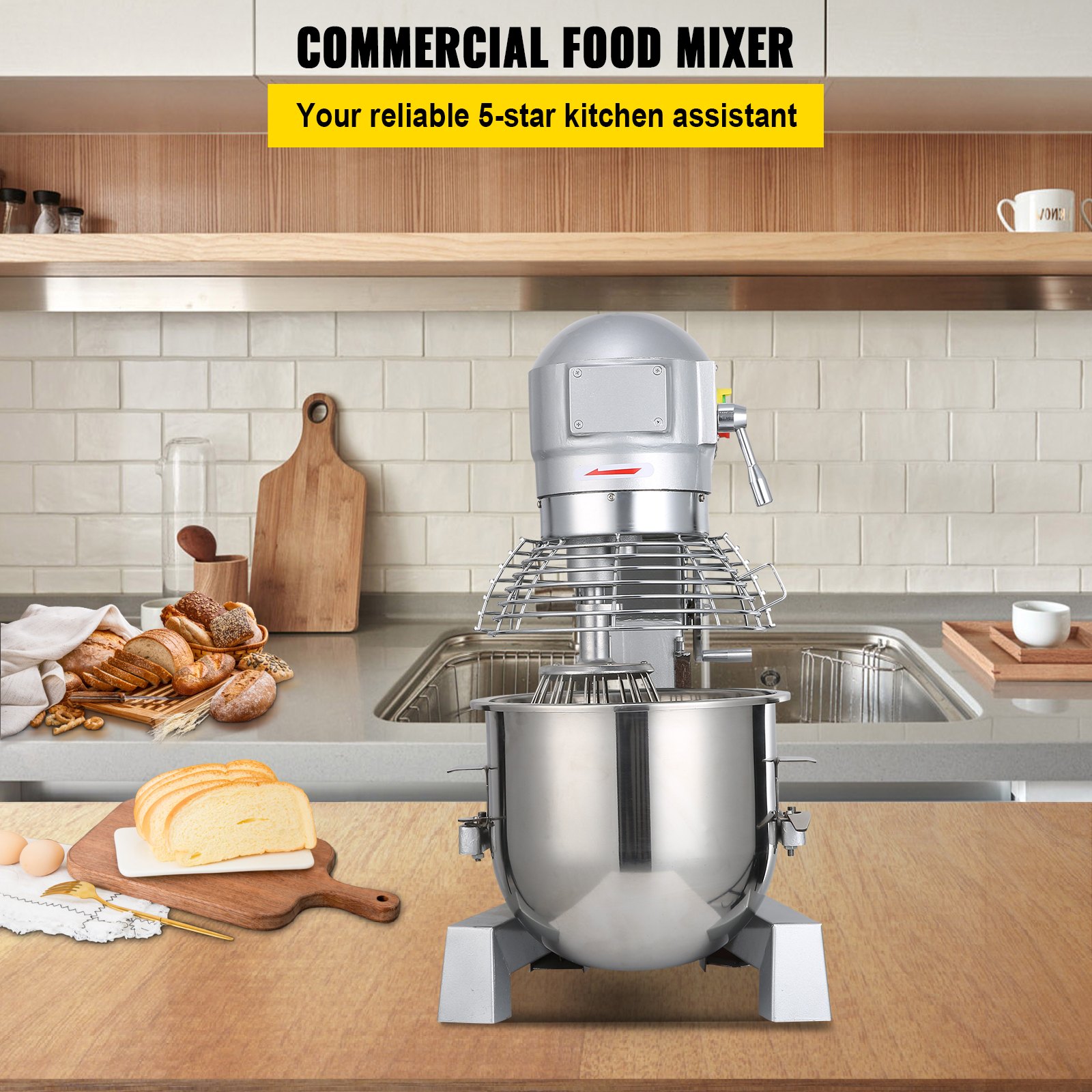 VEVOR Industrial Kitchen Mixer 15Qt 600W, 3 Gear Speeds (110/178/390 RPM), Durable 110V, Includes Stainless Bowl, Dough Hook, Whisk, Beater, Ideal for Educational Institutions, Bakeries, Eateries