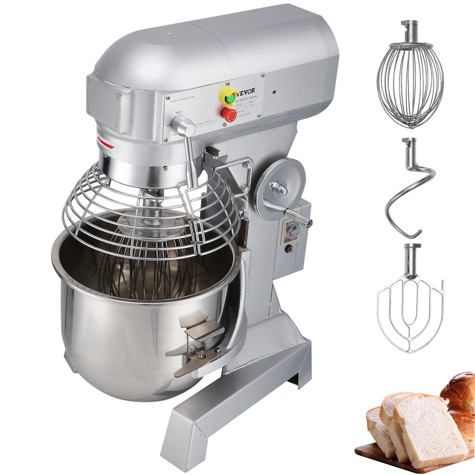 VEVOR Industrial Kitchen Mixer 15Qt 600W, 3 Gear Speeds (110/178/390 RPM), Durable 110V, Includes Stainless Bowl, Dough Hook, Whisk, Beater, Ideal for Educational Institutions, Bakeries, Eateries