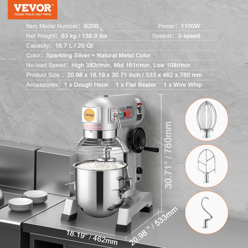 VEVOR Commercial Food Mixer, 18.7L Commercial Stand Mixer with 3 Adjustable Speeds, 1100W Dough Mixer with Stainless Steel Bowl and 3 Mixing Attachments, Ideal for Restaurant, Bakery, Pastry shop, Caf