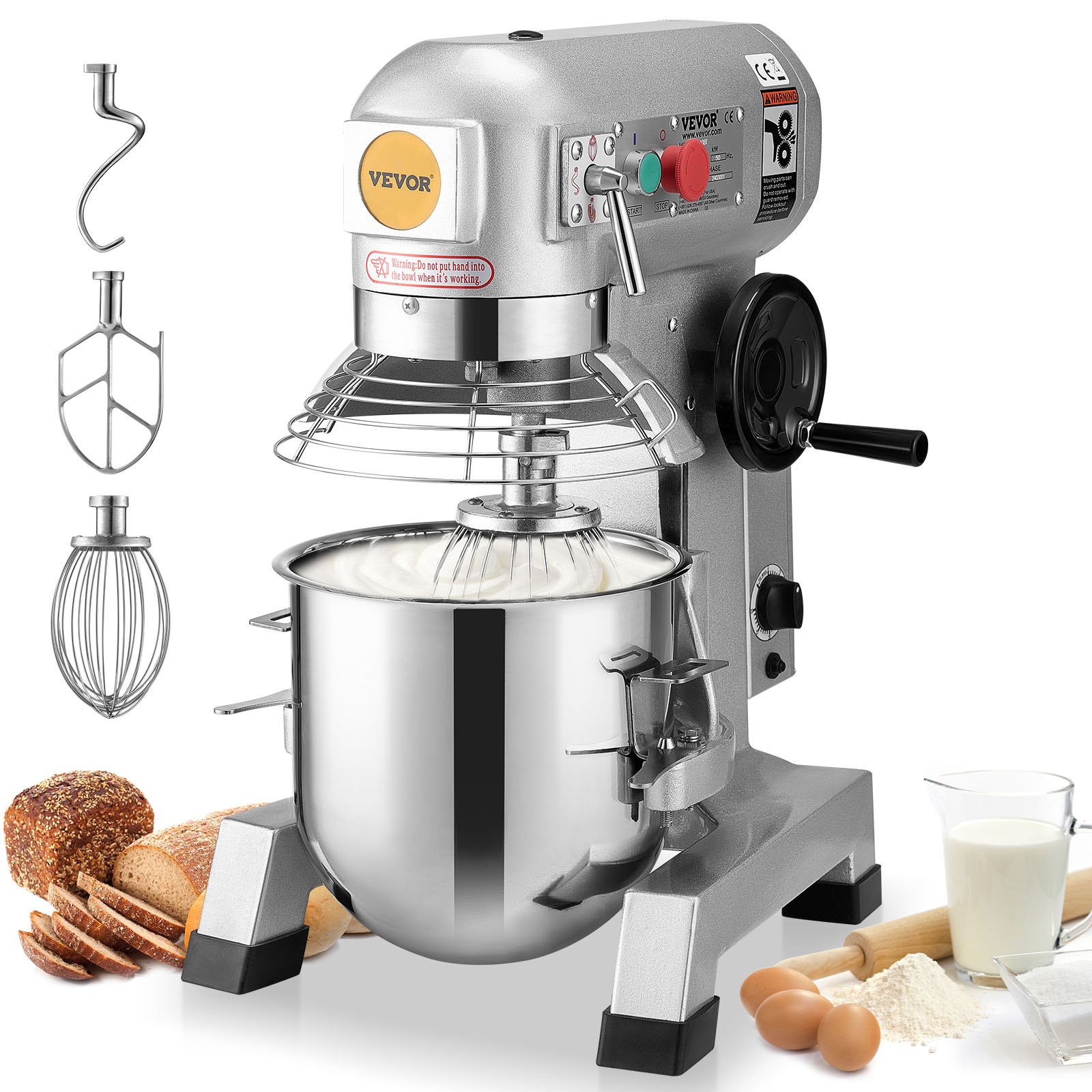 VEVOR Commercial Food Mixer, 18.7L Commercial Stand Mixer with 3 Adjustable Speeds, 1100W Dough Mixer with Stainless Steel Bowl and 3 Mixing Attachments, Ideal for Restaurant, Bakery, Pastry shop, Caf