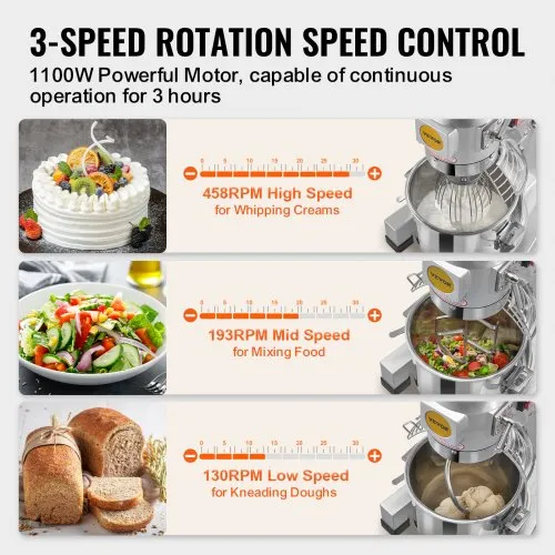 VEVOR Commercial Food Mixer, Commercial Stand Mixer with Adjustable  Speeds, 1100W Dough Mixer with Stainless Steel Bowl and Mixing