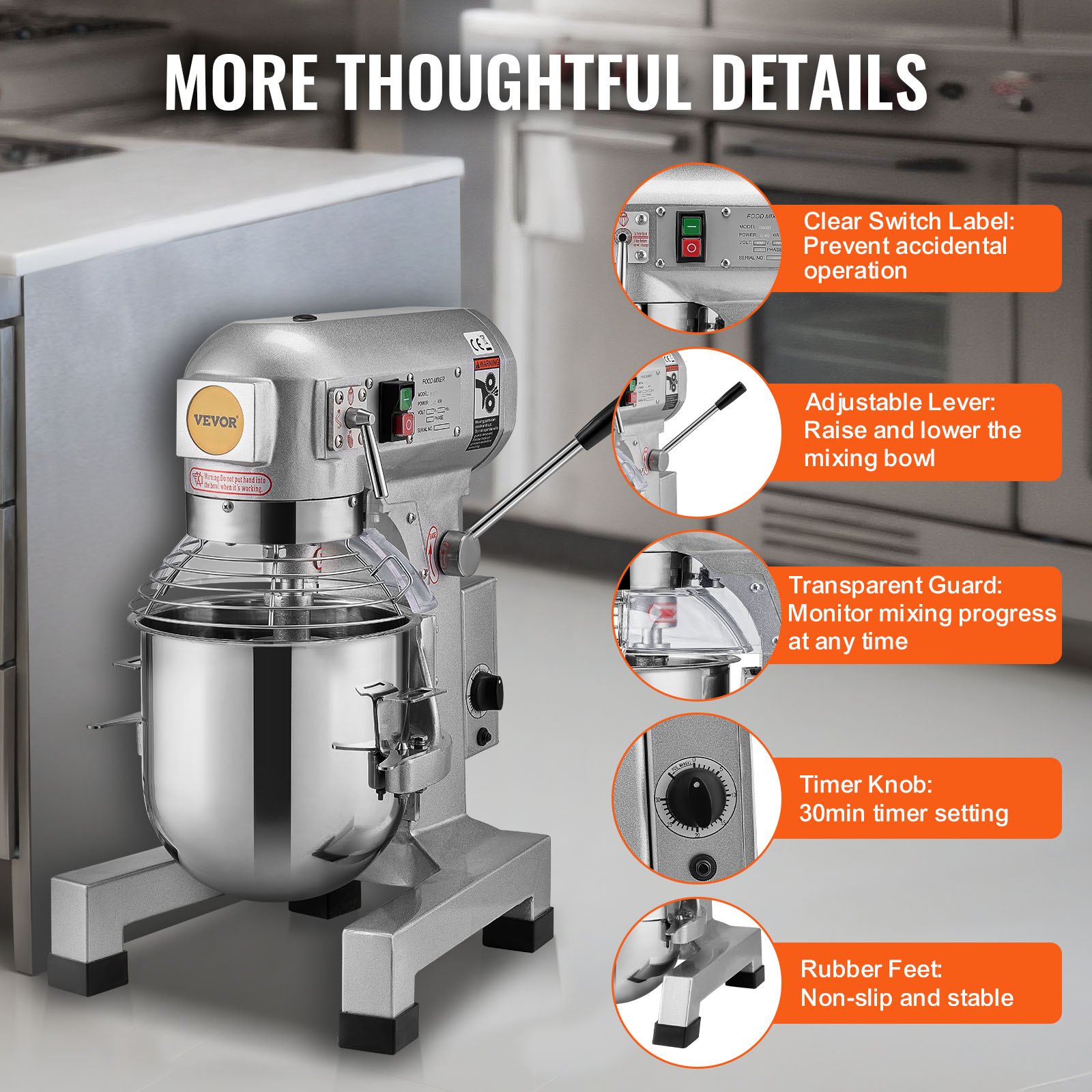 VEVOR Commercial Food Mixer, 28.5L Commercial Stand Mixer with 3 Adjustable Speeds, 1100W Dough Mixer with Stainless Steel Bowl and 3 Mixing Attachments, Ideal for Restaurant, Bakery, Pastry shop, Caf