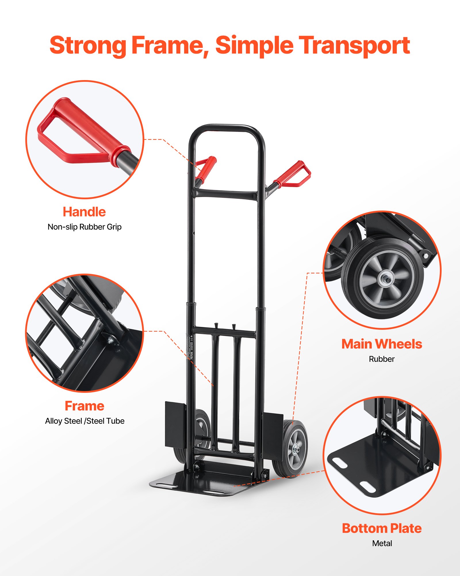 VEVOR Hand Truck, 272 kg Load Capacity, Heavy-Duty Hand Truck Dolly with Wheels & Telescoping Handle, Portable Trolley Dolly with Tie-down Strap for Moving Home, Office, Warehouse, Supermarket