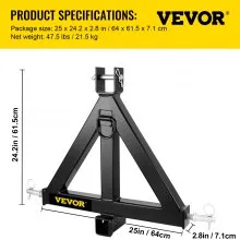 VEVOR 3 Point Trailer Hitch Heavy Duty 2In Receiver Hitch Category 1 33In Hitch Attachments Tow Hitch Drawbar Adapter Black (Heavy Duty Trailer Hitch)