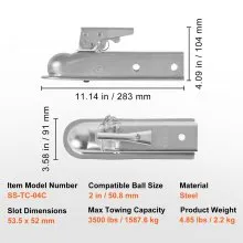 VEVOR Straight Trailer Coupler, for 2-Inch Hitch Ball, 2-Inch Channel, 3500 lbs Capacity, Heavy Duty Trailer Tongue Coupler, Ideal for Towing Station Wagons, Pickup Trucks, SUVs, Zinc Plated Surface