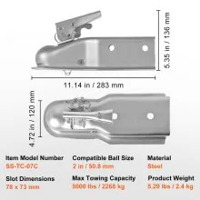 VEVOR Straight Trailer Coupler, for 2-Inch Hitch Ball, 3-Inch Channel, 5000 lbs Capacity, Heavy Duty Trailer Tongue Coupler, Ideal for Towing Station Wagons, Pickup Trucks, SUVs, Zinc Plated Surface