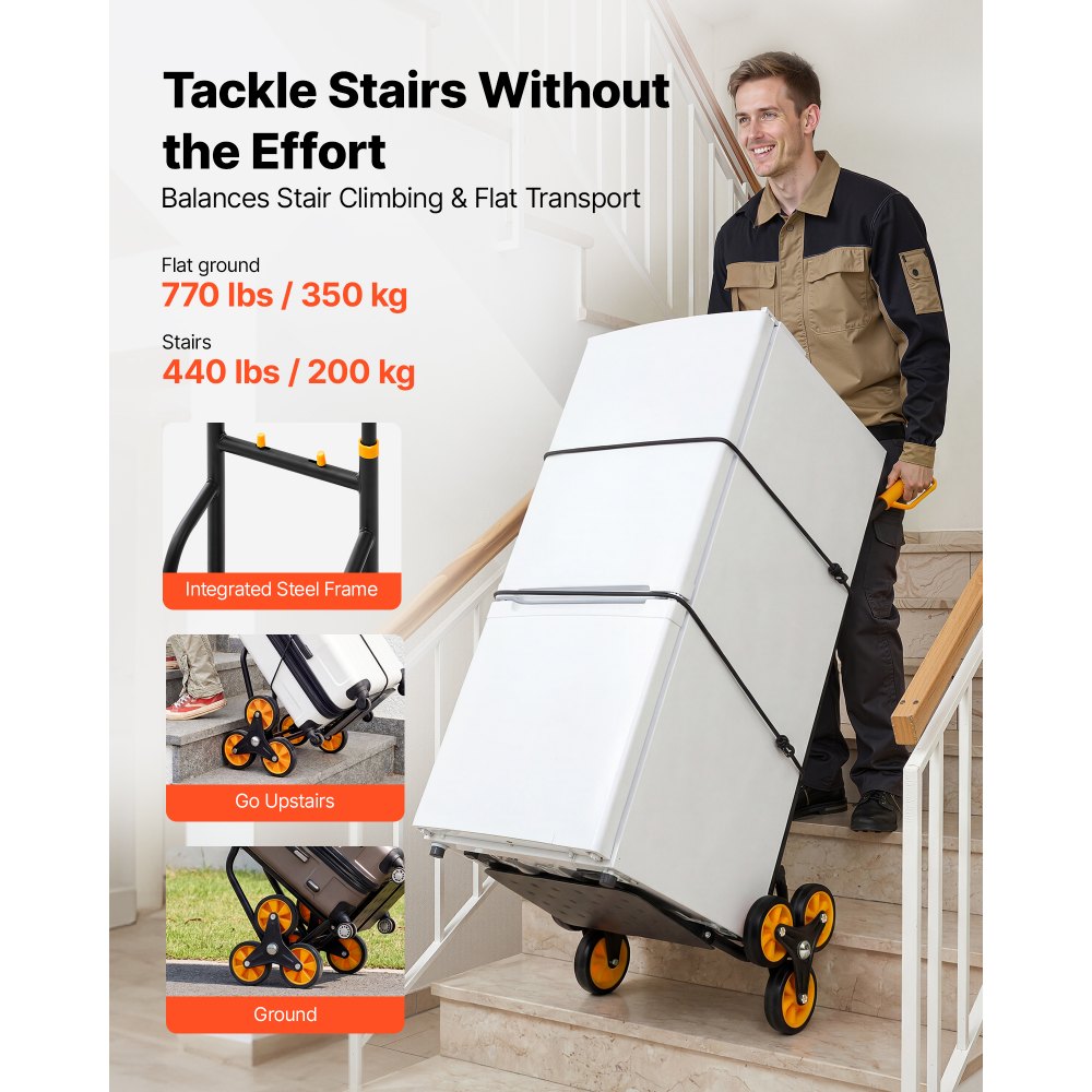 VEVOR Stair Climbing Cart, 200 kg Stair-Climbing Capacity, Heavy-Duty Folding Trolley Cart with Telescoping Handle, 6 Wheels and 2 Bungee Cords, Stair Climber Dolly for Home, Groceries, Warehouse