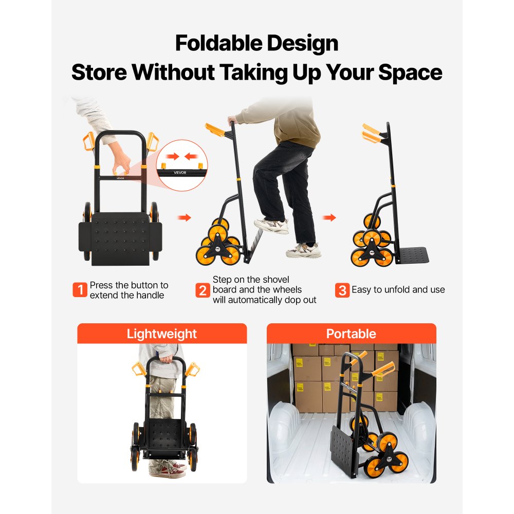 VEVOR Stair Climbing Cart, 200 kg Stair-Climbing Capacity, Heavy-Duty Folding Trolley Cart with Telescoping Handle, 6 Wheels and 2 Bungee Cords, Stair Climber Dolly for Home, Groceries, Warehouse