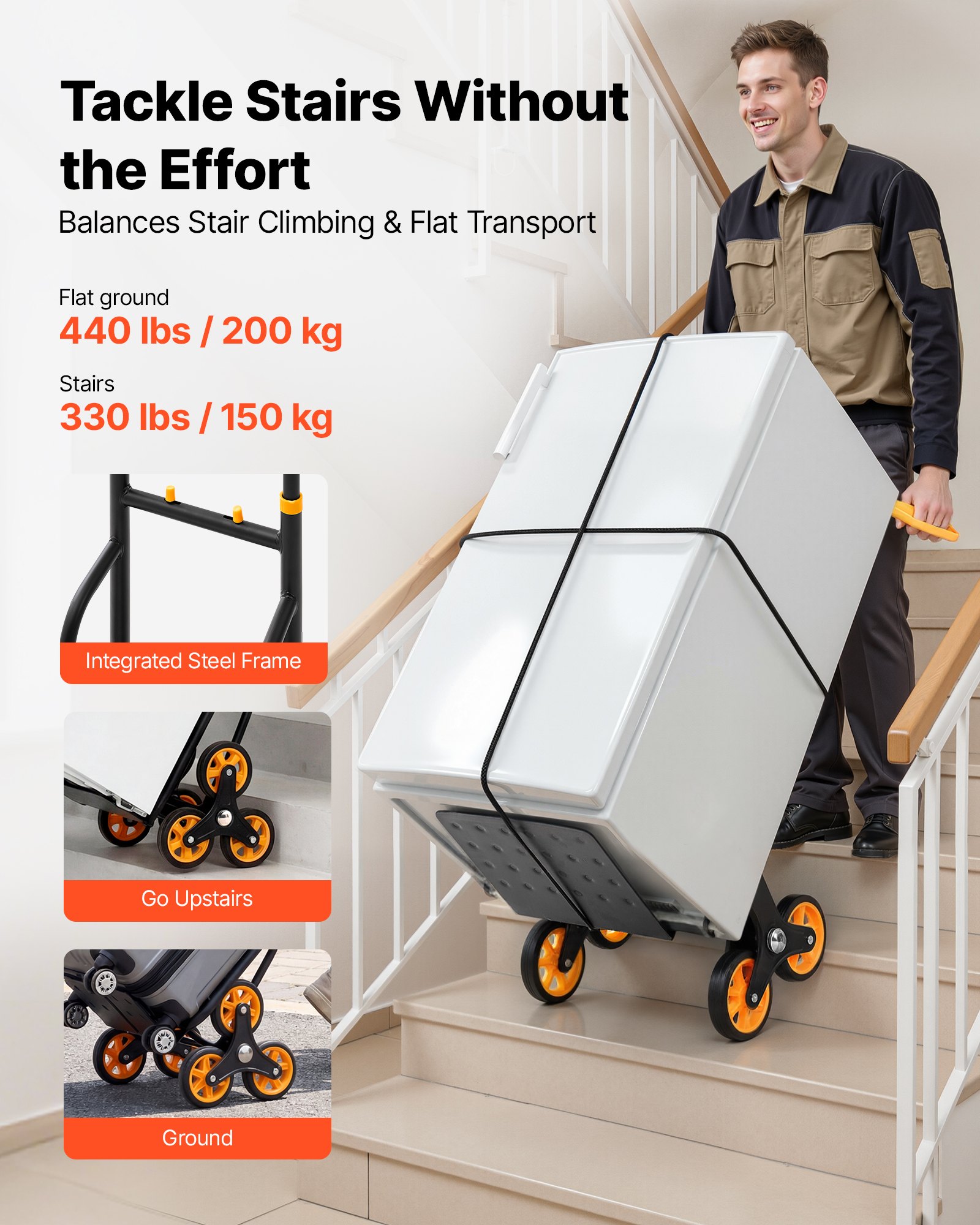 VEVOR Stair Climbing Cart, 330 lbs Stair-Climbing Capacity, Heavy-Duty Folding Trolley Cart with Telescoping Handle, 6 Wheels and 2 Bungee Cords, Stair Climber Dolly for Home, Groceries, Warehouse