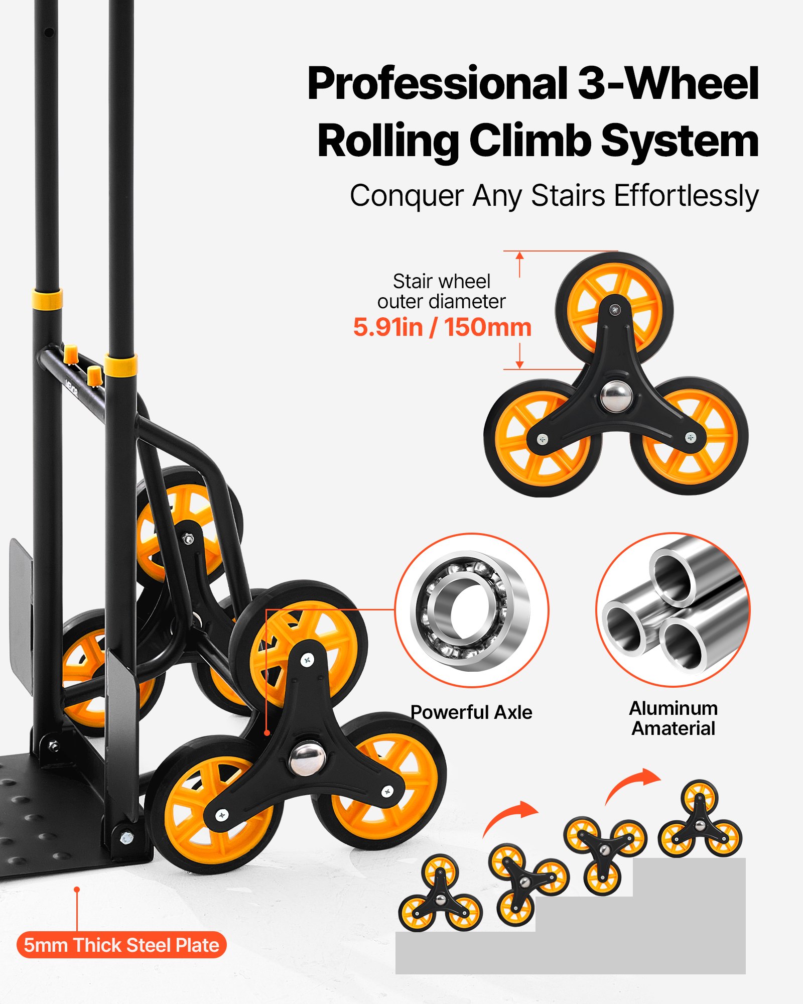 VEVOR Stair Climbing Cart, 330 lbs Stair-Climbing Capacity, Heavy-Duty Folding Trolley Cart with Telescoping Handle, 6 Wheels and 2 Bungee Cords, Stair Climber Dolly for Home, Groceries, Warehouse