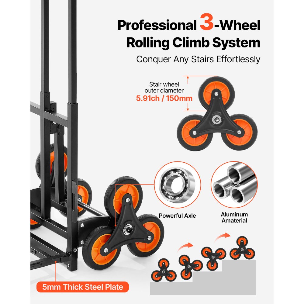 VEVOR Stair Climbing Cart, 100 kg Stair-Climbing Capacity, Heavy-Duty Folding Trolley Cart with Telescoping Handle, 6 Wheels and 2 Bungee Cords, Stair Climber Dolly for Home, Groceries, Warehouse